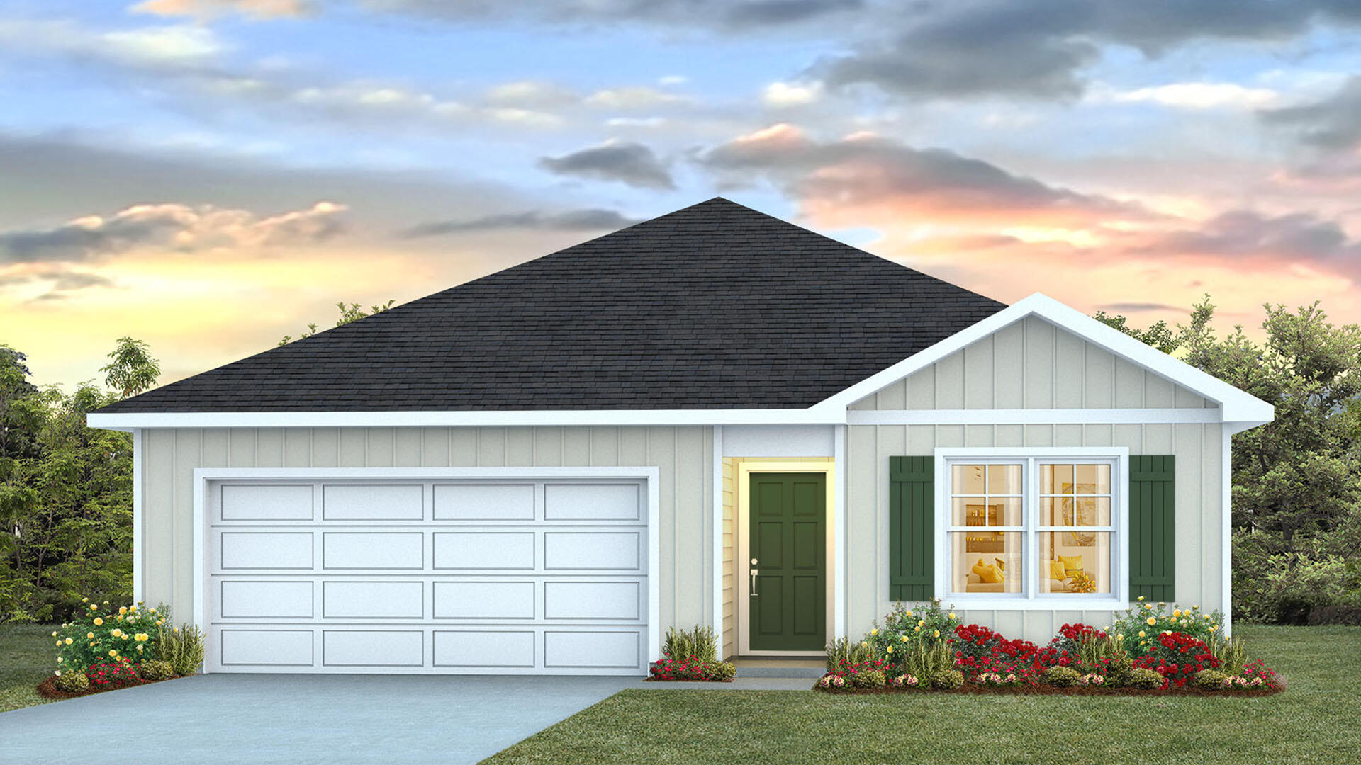Welcome to 216 Dockside Road, a new home under construction at Magnolia at the Bluffs in Freeport, Florida. The Aldridge has a covered entry and an inviting foyer with EVP flooring. The primary bedroom is located off the entry hall and has carpet, a spacious closet, and an ensuite bathroom that has dual sink vanity, quartz countertops, and an oversized shower.

Continuing through the foyer you will find yourself at the heart of the home that has an open concept living area filled with natural light, enhancing the living space. The kitchen is open to the living and dining areas, creating a comfortable living space for family and guests. A center island and ample counter space with granite countertops complete the kitchen as well as upper and lower cabinetry. A large pantry offers additional storage space and is adjacent to the kitchen. A standard appliance package includes a stove, microwave and dishwasher.

The laundry area is located off the entry hall and as space for a full-size washer and dryer. Two additional bedrooms flank the living room, sharing a well-appointed full bathroom, ensuring comfort for family and guests alike. This home also has a back patio accessible from the living area.
