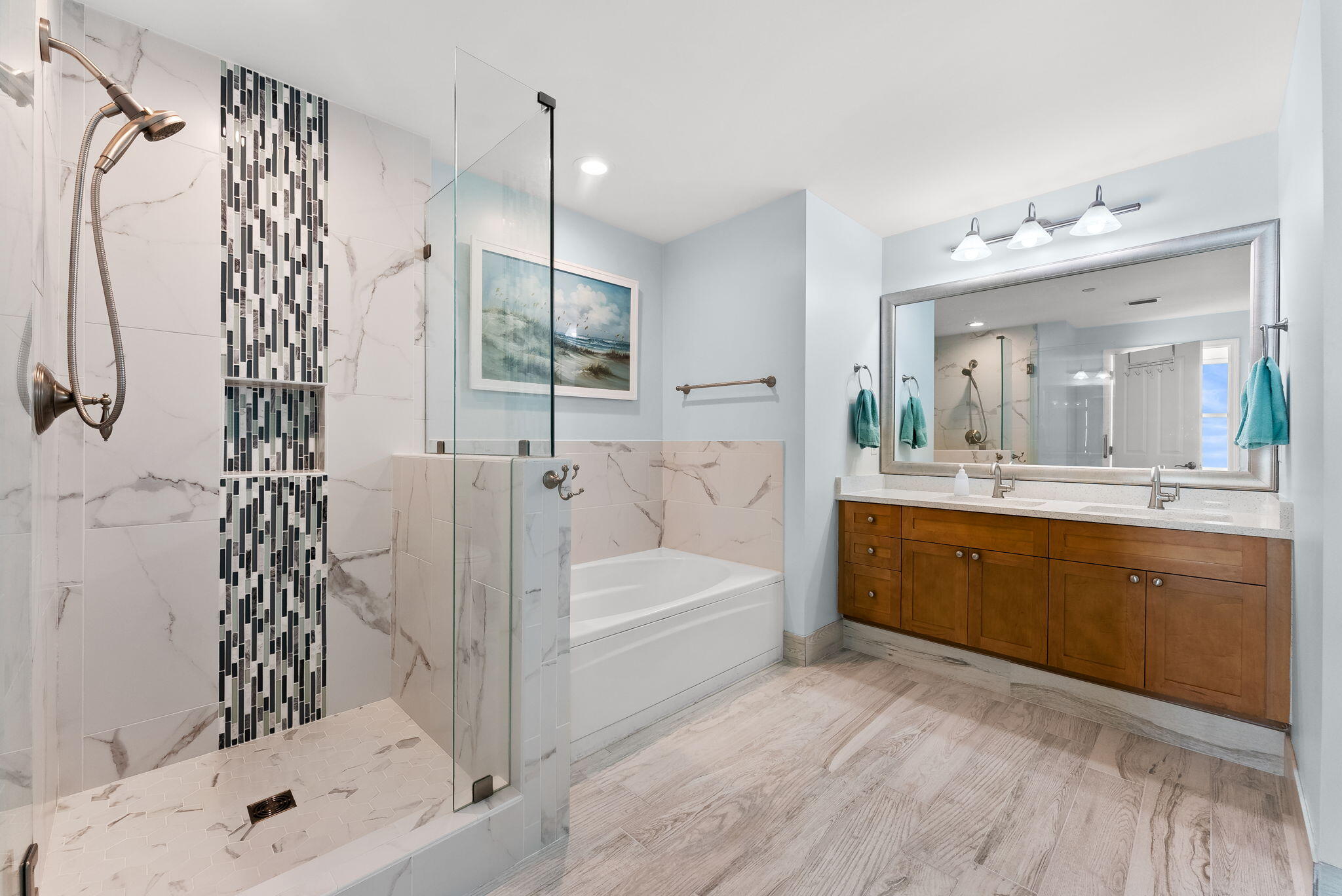 Here is your opportunity to own one of the nicest 1BR condos at Aqua, the most upscale resort in PCB. This rare 1BR floorplan has the master suite on the Gulf with separate door access to the balcony, 2 full bathrooms, and a separate bunkroom. After purchasing this condo 6 years ago, the owner has invested over $50K remodeling this condo as their primary residence. Upgrades include high-efficiency geothermal HVAC, oversized water heater, Bosch dishwasher, dual bottom drawer refrigerator, stove with oven never used, wood-tile look porcelain throughout, quartz countertops, tiled master shower, new commercial grade sleeper sofa with Sunbrella fabric, leather recliner, twin bunk beds w/Jamison mattresses, Levolor power blinds, and much more (full report is available). The condo has a large wall-mounted flat screen TV in the living room, larger washer and dryer with sensor control, and long-lasting polywood balcony table and chairs. Don't miss out on this opportunity to make this special condo your new 1st/2nd home or vacation rental property. The condo has tile throughout the main living areas and bathrooms. The kitchen features a new single-level quartz countertop, stainless steel appliances and a pantry. This unit also features a full-size/front loading washer and dryer and a lockable owner's closet And of course, the Aqua Resort is ideally located directly across the street from the new Top Golf, only a few hundred yards from Pier Park, and Dolly Parton Pirates Voyage Theater.