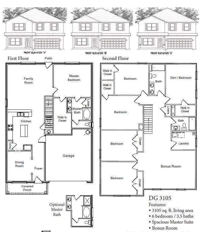 This 3105 sq ft home offers 6 full bedrooms and 3 1/2 bathrooms with the primary bedroom on the first level. The primary bath has dual vanities  and granite throughout. The tiled shower is an upgrade and goes very well with the black fixtures. There is LVP throughout with carpet in bedrooms and on stairs only. The second floor has 5 bedrooms and a large bonus room. Laundry room is on the second floor as well. The exterior is 3 sided brick with a hardie front and brick skirting. This home sits on .68 acre and comes with irrigation. Other upgrades include gutters all around and a large fenced in yard. The lot sits at the entrance to the cul de sac and the back overlooks a wooded back ground. This home comes with a 10 yr. Bonded Builders warranty.