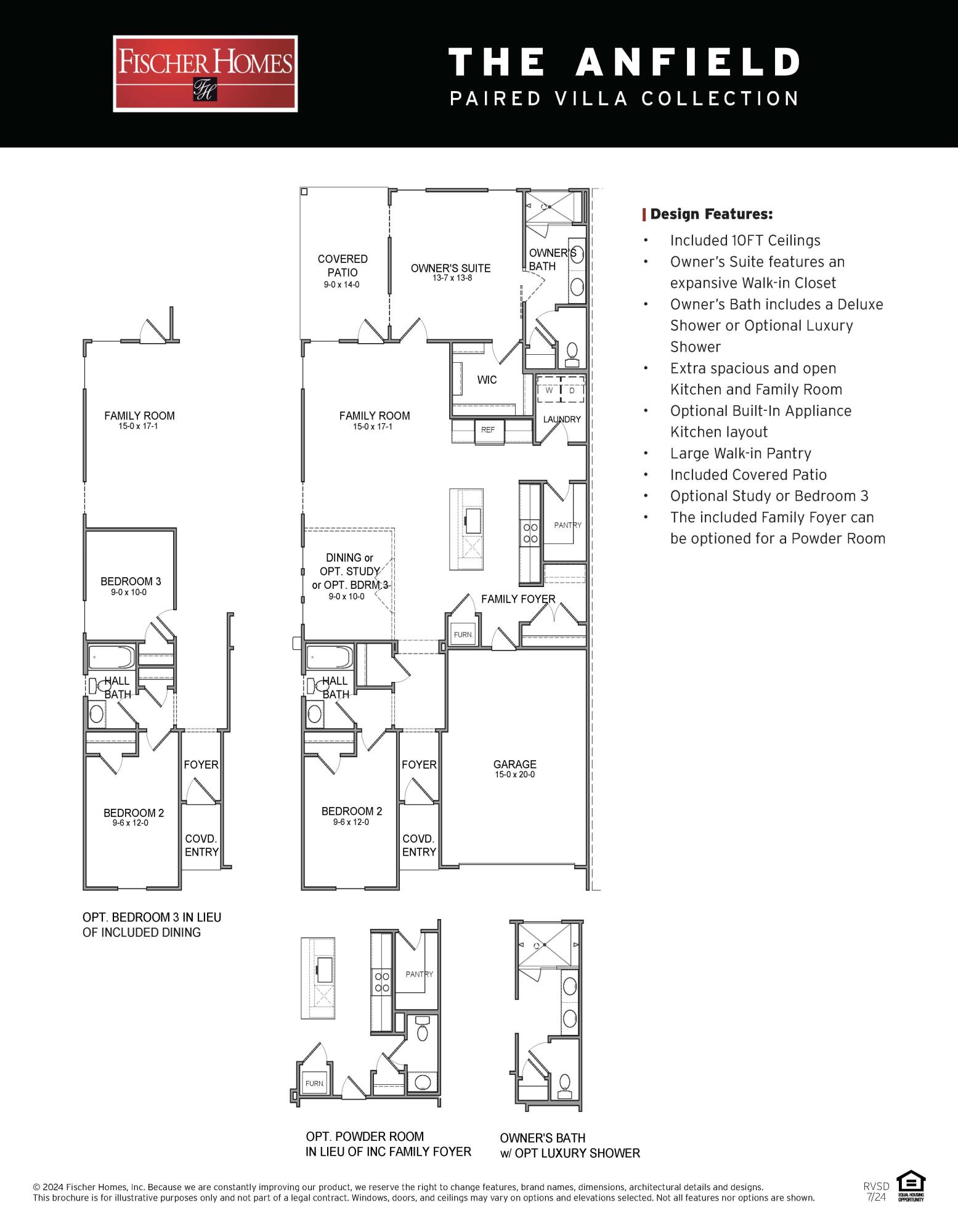 The Anfield plan offers 1,442 square feet, 2 bedrooms, 2.5 bathrooms, and a 1.5-car garage in the Villas at Longleaf Park within the Watersound Origins community. Positioned on a wooded homesite, the property combines low-maintenance living with functional outdoor space, including a covered rear patio. Estimated completion is Oct/ Nov '26.

The layout is designed around an open kitchen and family room with 10-foot ceilings and 8-foot interior doors throughout. The family room connects directly to the covered patio, creating an easy transition to outdoor living while maintaining privacy from the wooded backdrop.

The kitchen includes upgraded soft-close cabinetry, Level 2 quartz countertops, an upgraded backsplash, a large walk-in pantry, and a GE appliance package with built-in appliances and a 5-burner gas cooktop. Luxury vinyl plank flooring extends throughout the home, complemented by craftsman-style trim, impact-rated windows, and a Smart Home package.

The owner's suite features an expansive walk-in closet, upgraded tile flooring, Level 2 quartz countertops, and a luxury shower with dual showerheads. The secondary bedroom is positioned separately near the front of the home with access to a full bath, while the added powder bath provides additional flexibility for guests.

Additional features include a tankless water heater, gas grill rough-in, irrigation system, and exterior lawn maintenance included for simplified ownership. Each residence is separated by a structurally independent 2-hour fire separation wall with insulated framing and layered gypsum board construction for added privacy and sound separation.

Located within Longleaf Park at Watersound Origins, the Villas offer convenient access to Watersound Town Center, Publix, dining, medical offices, Hwy 98, Village Commons, trails, and the Origins Golf Course.