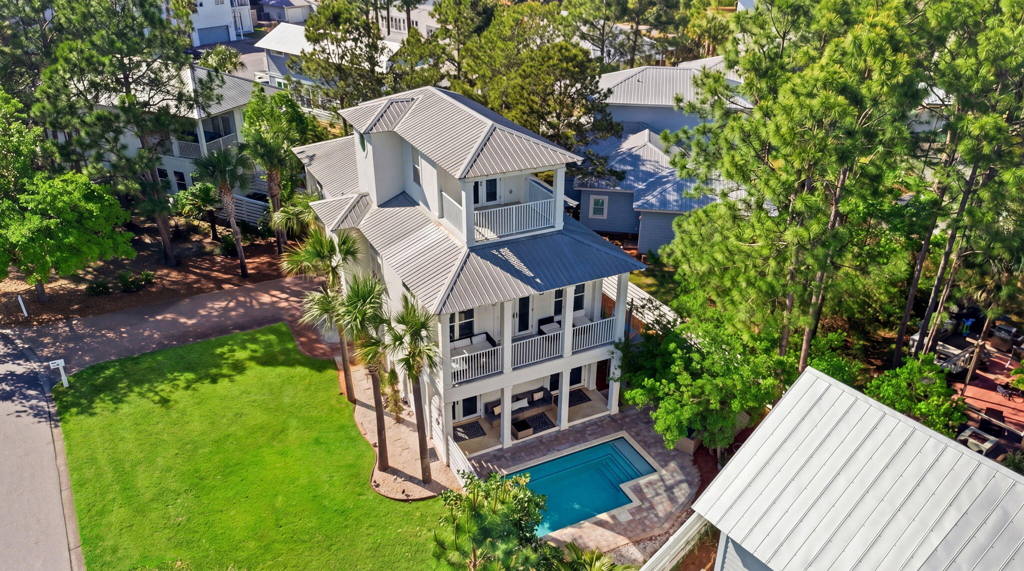 Elegant coastal retreat in the gated community of Cypress Breeze along scenic 30A. Offered fully furnished with a golf cart, this home features a private pool, a bunk room with four built-in bunks, and a second-floor balcony overlooking the pool. The primary suite offers its own private balcony for added relaxation. Residents enjoy resort-style amenities, including one of the largest community pools on 30A. Ideally located near beach access, dining, and shopping, this property delivers the perfect blend of luxury, comfort, and convenience.