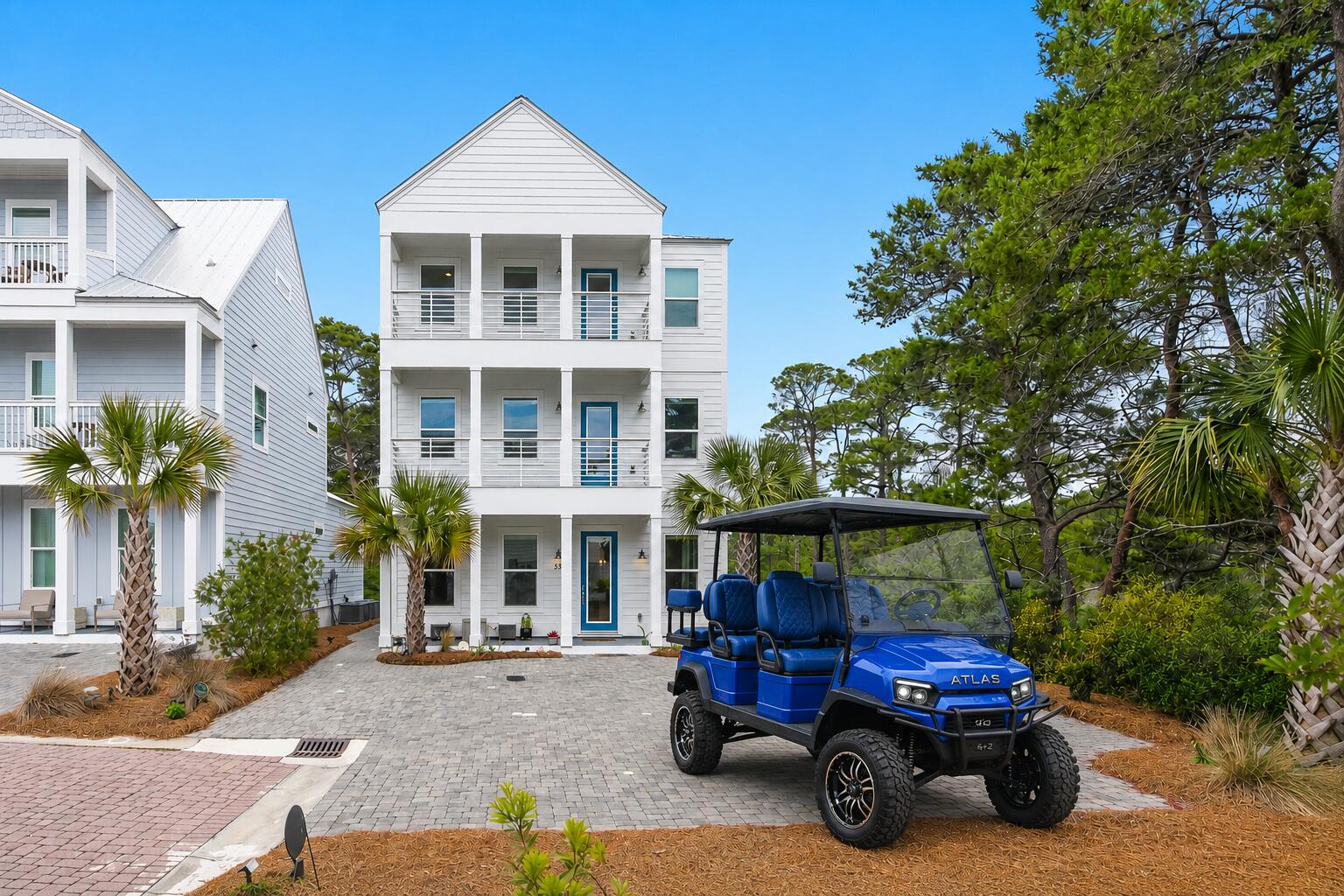 Configured with four spacious bedrooms, each featuring a private ensuite bath and porch access, this residence is exceptionally well-positioned as a luxury vacation rental along 30A's west end. Rental projections of $100,000+ annually, making it an attractive opportunity for investors and second-home owners alike. The home is being offered furnished with only a few personal exclusions, and the sellers are providing a $15,000 buyer credit toward the purchase of a golf cart, creating an effortless connection to nearby beach access, dining, and entertainment.

Situated on a premium oversized homesite in the northeast corner of Serenity at Dune Allen, this beautifully maintained three-story home offers a rare combination of privacy, functionality, and rental appeal. One of its most unique features is the extended parking area capable of accommodating up to six vehicles--an uncommon and highly desirable amenity in the 30A vacation home market. Bordering green space to the north and east, the property enjoys a peaceful natural setting while remaining within easy walking distance of the beach. Never rented and presented in like-new condition, the home offers four bedrooms, four full baths, and one half bath thoughtfully designed for comfort and flexibility. More than 1,100 square feet of covered porch space spans all three levels, creating multiple outdoor living areas for owners and guests to enjoy.

The main living level is bright and inviting, featuring raised ceilings, abundant natural light, and an open-concept floor plan that seamlessly connects the chef's kitchen, dining area, and gathering spaces. Coastal-inspired finishes, generous entertaining areas, and multiple outdoor living spaces create an ideal setting for both personal enjoyment and guest accommodations.

The second and third floors each offer two bedroom suites along with versatile flex spaces that can function as a home office, reading nook, bunk area, or secondary living space. A screened rear patio further expands the outdoor experience, providing a tranquil retreat overlooking the home's private surroundings.

With community pool access, nearby beach access, strong rental potential, and one of the most desirable homesites within Serenity at Dune Allen, this exceptional property delivers the perfect blend of investment opportunity, privacy, and the coveted 30A coastal lifestyle.