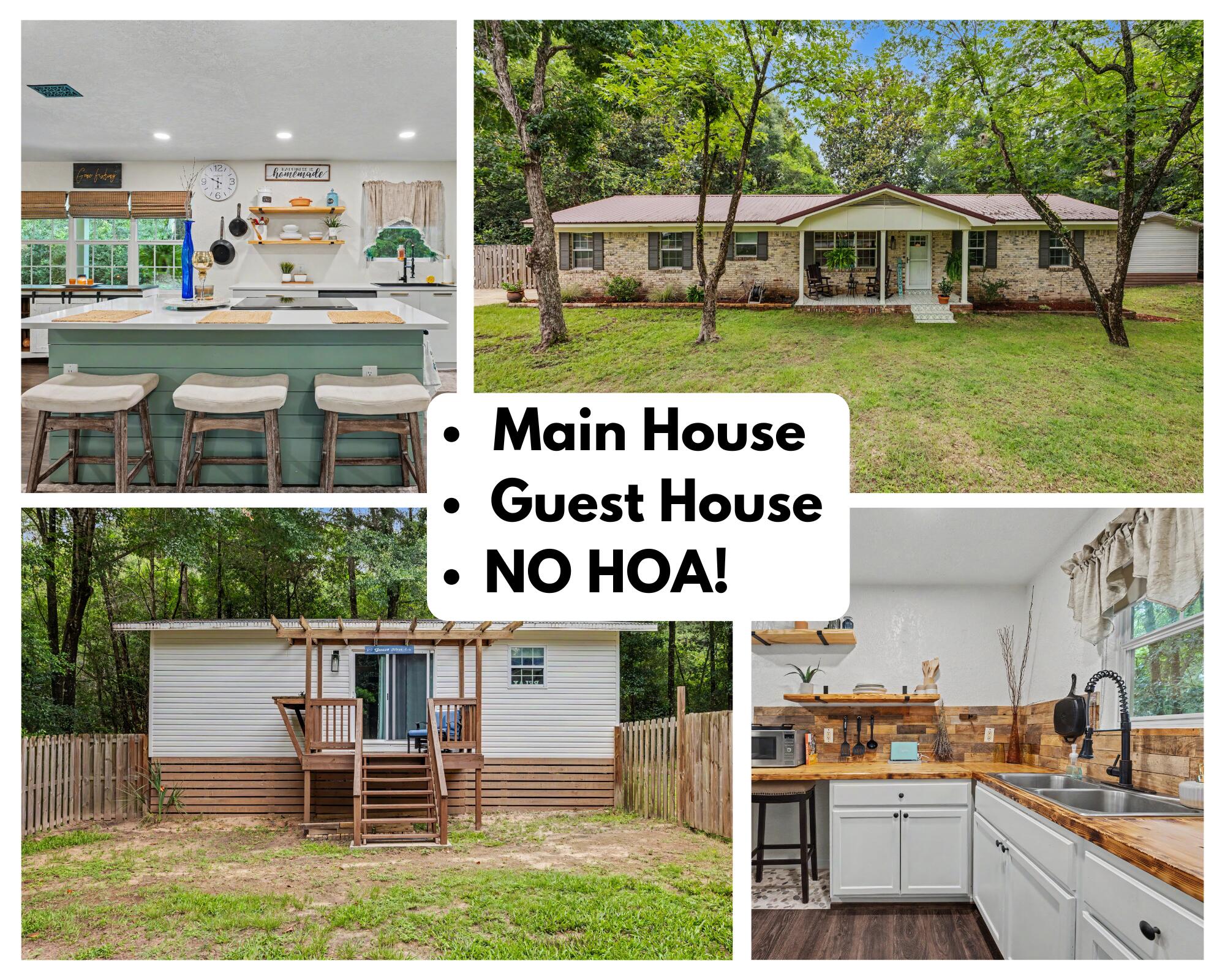 Welcome home! Nestled on a private, tree-shaded .34-acre lot just minutes from downtown Crestview, this beautifully updated farmhouse-inspired home offers the perfect blend of character, space, and flexibility. The main home features an open-concept living, dining, and kitchen area with updated flooring, raised ceilings, a spacious island, quartz-style countertops, modern cabinetry, stainless appliances, and abundant natural light. The split layout includes 3 bedrooms and 2 updated bathrooms, providing room for everyone plus a separate living area with barn-style door adds versatility for a media room, playroom, or home office. Step outside to enjoy the covered front porch, fenced backyard, patio entertaining space, mature trees, and peaceful surroundings. One of the property's standout features is the detached accessory dwelling unit (ADU), offering endless possibilities for guests, multi-generational living, a home business, hobby space, or potential rental income. Over 600 soft, this ADU has it's own bedroom, bathroom, laundry and efficiency kitchen! Additional features include a metal roof, updated finishes throughout, privacy fencing, and a convenient location near shopping, dining, schools, and major commuter routes. A rare opportunity to own a property with both charm and income-producing potential in the heart of Crestview!