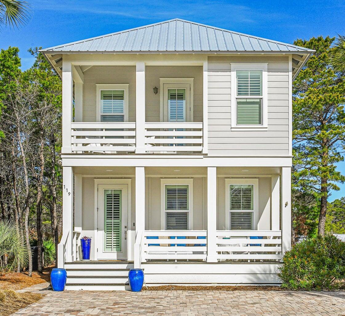 Minutes to the Beach. This beach cottage sits on a corner lot with plenty of room for a back yard accent pool. It is being sold fully furnished and rental ready. Built in 2016 and meticulously maintained. The floor plan is open with modern coastal finishes and fresh upscale furniture. The main floor offers living, dining and kitchen as well as half bath, laundry and one master suite. The second floor offers another master suite with private porch along with 2 additional bedrooms and a shared bath. Special features include multiple porches, rear patio, a golf cart garage. The kitchen is ready to entertain with upscale counter tops and newer stainless steel appliances .
Shadow Pines is a charming neighborhood with lighted streets, private community pool.