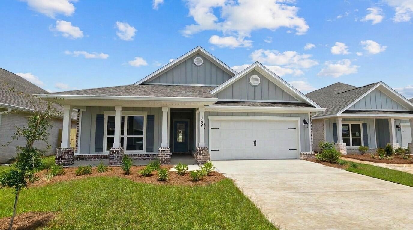 Welcome to 104 E Gray Owl Drive, a new home ready for move in at Owl's Head Farms in Freeport, Florida. As you enter this home the entry hall leads to a light-filled open-concept living area with nine-foot ceilings. EVP flooring is throughout the shared areas of this home creating a seamless transition between the spaces.

The kitchen features modern finishes including quartz countertops with white cabinetry to complement and brushed nickel plumbing fixtures. A standard appliance package includes a smooth top stove, dishwasher, and microwave. Adjacent to the kitchen is the dining area perfectly positioned for meals and gatherings, while the living room's wide layout invites relaxation and socializing.

The primary bedroom is at the back of the home just off the living area, which offers a serene retreat. Enjoy the comfort of a luxurious bathroom that has dual sink vanity with quartz countertops, a shower and two generously sized closets. There are three additional bedrooms that are located off the entry hall. Bedroom four has a large closet and is located on a separate hall with the laundry room and garage access. Bedrooms two and three are separated by the shared bathroom. Each bedroom has carpet and ample closet space.

Rounding out the home is a large covered back patio, ideal for enjoying Florida's sunny days, and a convenient laundry room.