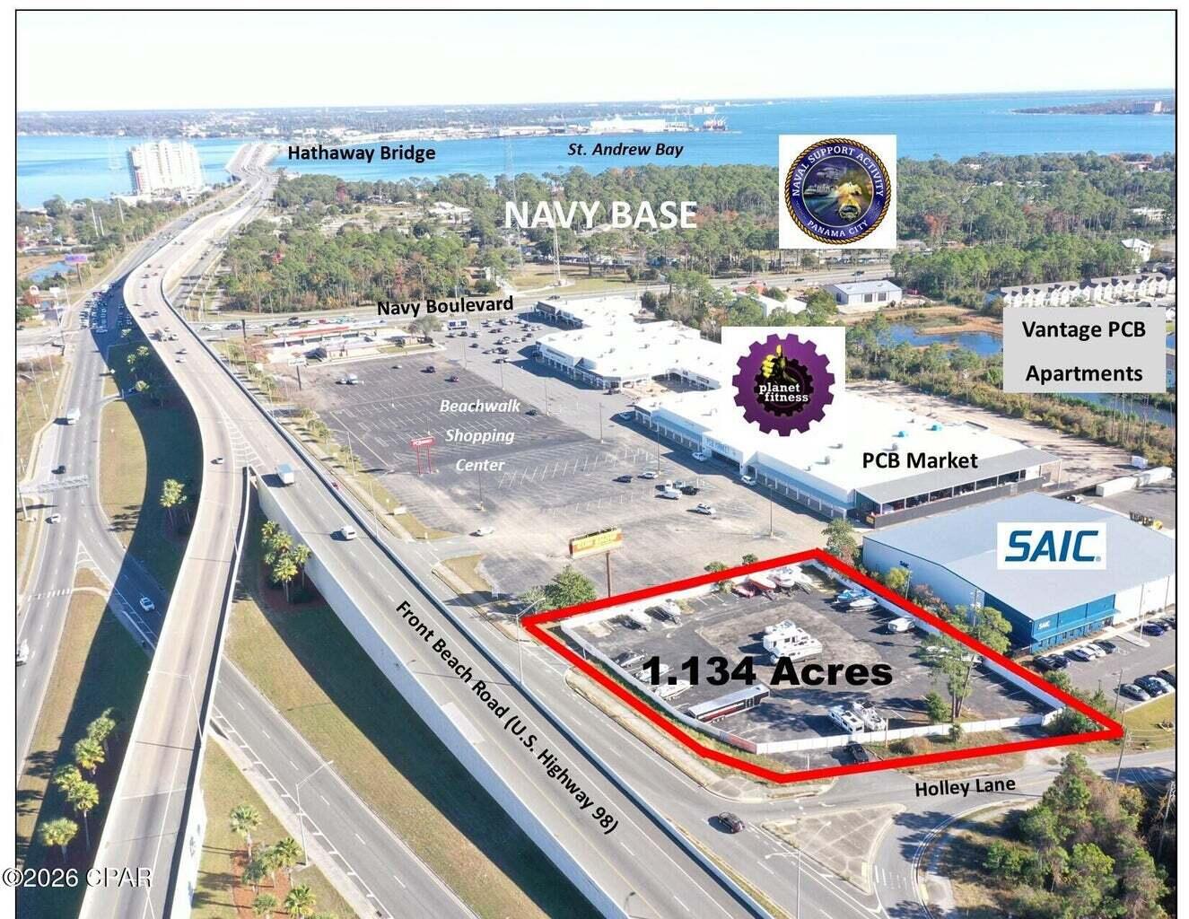 +/-1.134 Acre commercial site near the Hathaway Bridge. Located at the southeast corner of Front Beach Road (a/k/a U.S. Highway 98) and Holley Lane and west of the Beachwalk Shopping Center. The property is currently utilized as a Boat and RV storage site. Financials available upon request. We also have a conceptual site plan to build a new 9,500 SF ''Flex'' (office/warehouse) building. Zoned C-3, General Commercial in unincorporated Bay County, which allows for most commercial uses. The site plans and surveys are attached.
