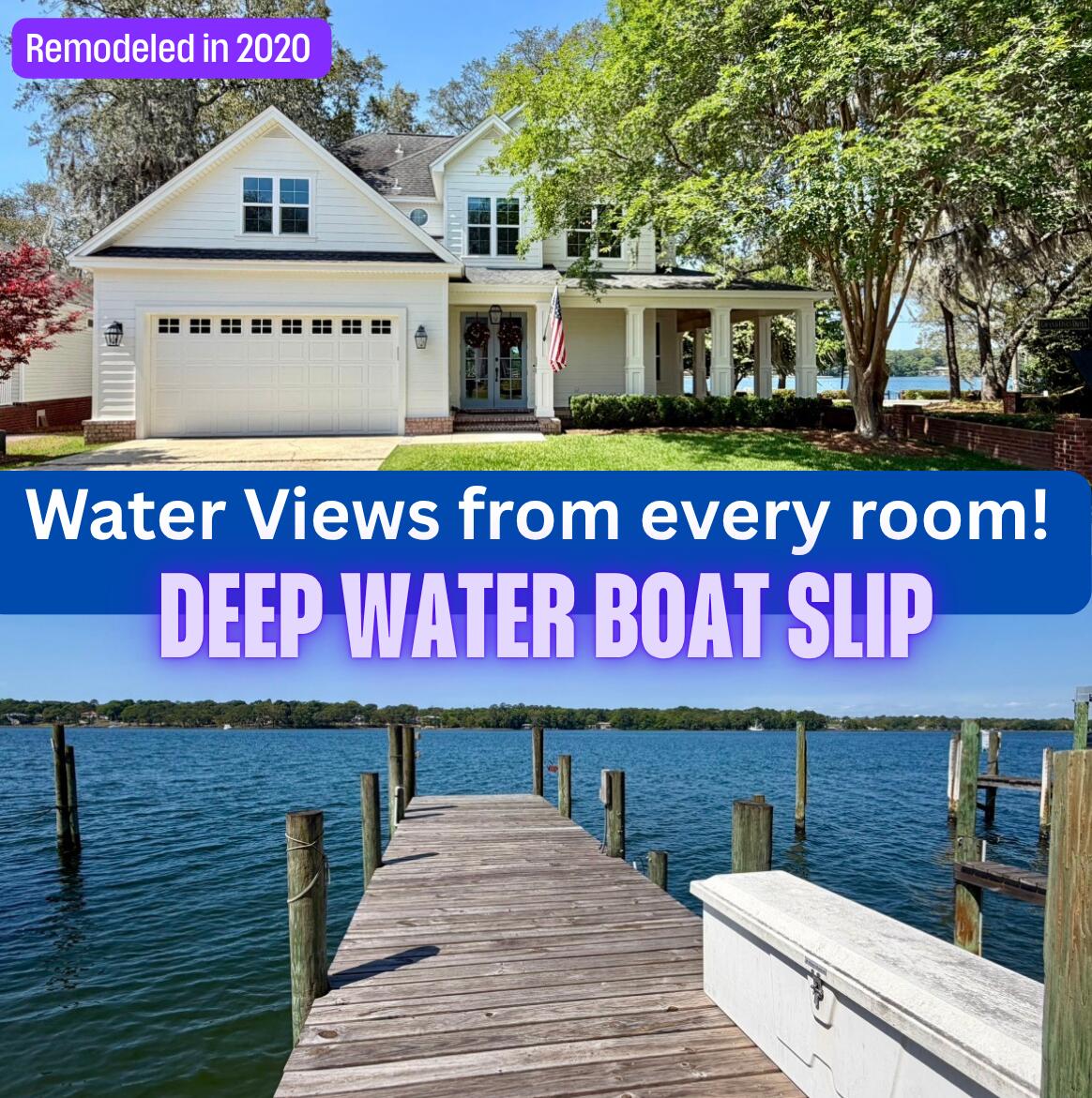 EVERY ROOM HAS A WATER VIEW! DEEP WATER BOAT SLIP and dock with 25 ft of water frontage! This stately RENOVATED home situated on a PRIME corner lot in Grand Oaks is truly the 'Belle of the Bayou' perched above Boggy Bayou and nestled amongst majestic oak trees draped with Spanish moss. This elegant and well appointed home  offers the best of both worlds, more character and charm than new construction, and a fully renovated (2020) updated interior with every feature on your wish list!  The kitchen features a massive island, Viking dual fuel range, wine refrigerator, charming pantry, and a window seat providing panoramic bayou views! A gas fireplace flanked by custom built-ins, anchors the living space and the hardwood floors, board and batten and shiplap trimmed walls, and grand staircase Truly elevate the space. Upstairs a loft with built in bookcases awaits at the top of the staircase. All bedrooms overlook the water so everyone gets a magnificent view. The oversized primary suite features a bay window making the water view and sunset view visible from your bed. The En-Suite bath features dual vanities, a freestanding soaker tub and travertine shower. The primary closet has adjoining space perfect for exercise room or office! The additional bedrooms both have access to a balcony overlooking the water. Some of the added features include a whole home generator system, a tesla EV charger in the garage, newly refinished tongue and groove stained wood ceilings on the wrap around porch, freshly painted exterior, both HVAC units replaced in 2024, and an active termite bond in place for buyer peace of mind. The bayou front community owned private green space provides an additional "backyard lawn" for you to use to host parties and get togethers, play sports, or just chill out and enjoy coastal living. Your very own deep water boat slip adds a quality of life bonus you can't find in a traditional subdivision. Customize your space by your dock and consider setting up a fire pit and "sandy beach" spot as some other owners have chosen to do. These type properties rarely come on market and 327 Grand Oaks Drive offers one of the BEST VIEW PERSPECTIVES in the neighborhood. Why settle for "bigger" when what you really want is "better"...better home, better view, and better quality of life! Come and see for yourself why Niceville is one of the most sought after communities in Florida and experience the magic of coastal Florida living. You can enjoy boating, paddle boarding, jet skiing, and fishing right from your own back yard, or take a short stroll to visit local eateries and popular spots along the Bayou. Watch the dolphins play, enjoy picture perfect sunsets, and ask yourself why you waited this long to start living your BEST LIFE! Call to schedule your private showing today.