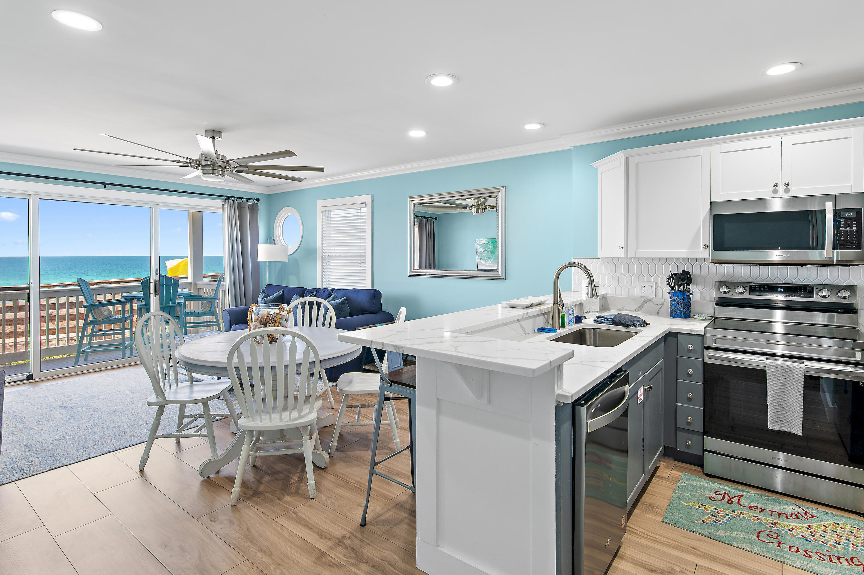 Absolutely stunning views abound from this ground floor west end unit at Mistral, a Gulf Front condominium with its own Private Beach! Beautifully updated and fully equipped for the perfect vacation with bunk beds for the kids. Located just 1.5 miles west of Alys and Rosemary Beach in Seacrest with a relaxed coastal beach town vibe. A proven rental performer with 59k plus in annual rental income and many repeat guests year after year! Mistral just under went a major exterior renovation and now has a new roof, beach stairs, and balconies. SIRS is complete and all assessments have been paid. Mistral 8 is self managed and carefully maintained with new paint and flooring just this year. Buyer to verify room dimensions and square footage.