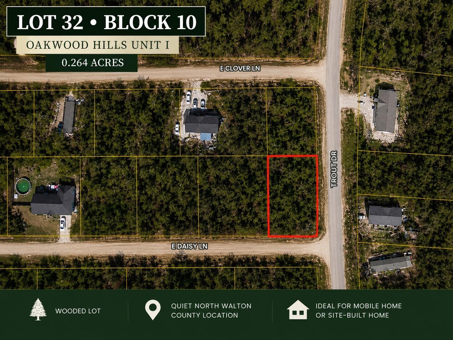 Build your future one piece of land at a time! This vacant lot in the Oakwood Hills area of DeFuniak Springs offers an affordable opportunity for those considering a future homesite, small home, or manufactured/mobile home, subject to all applicable approvals and site requirements.

Enjoy a peaceful setting with convenient access to historic downtown DeFuniak Springs, located approximately 9 miles away. Take a walk around beautiful Lake DeFuniak on the approximately 1.2-mile paved trail, visit the pier or amphitheater, enjoy local comfort food, or explore the Walton County Heritage Museum. Daily necessities are nearby, with Piggly Wiggly, local colleges, and a 24-hour Casey's just minutes away. Starbucks, Walmart Supercenter, and HCA Florida Twin Cities Hospital are approximately 10 minutes away. Buy land today and explore the possibilities for tomorrow! Buyer to independently verify boundaries, access, zoning, utilities, septic, permitting, and building requirements. Electric service confirmed as CHELCO and water service confirmed as Mossy Head Water Works. Buyer to verify connection requirements and costs for specific lot.