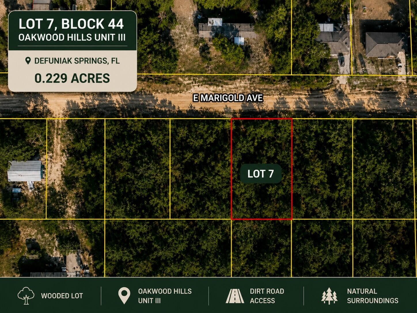 Looking for land with future possibilities? This vacant lot on E Marigold Avenue in the Oakwood Hills area offers an affordable opportunity to own property in DeFuniak Springs. Consider the potential for a future homesite, small home, or manufactured/mobile home, subject to county requirements, zoning, permitting, utilities, and site suitability.

Approximately 9 miles away, historic downtown DeFuniak Springs offers beautiful Lake DeFuniak and its approximately 1.2-mile paved walking trail, along with a pier, amphitheater, local dining, and the Walton County Heritage Museum. Everyday essentials are within easy reach. Piggly Wiggly, Emerald Coast Technical College, Northwest Florida State College's Chautauqua Center, and a 24-hour Casey's are just minutes away, with Starbucks, Walmart Supercenter, and HCA Florida Twin Cities Hospital approximately 10 minutes away. Buyer to independently verify boundaries, access, utilities, septic, building requirements, manufactured/mobile home eligibility, and all other information important to buyer. Seller has several lots in the area and can sell them separately or together. CHELCO and Mossy Head Water Works are confirmed providers for the area.