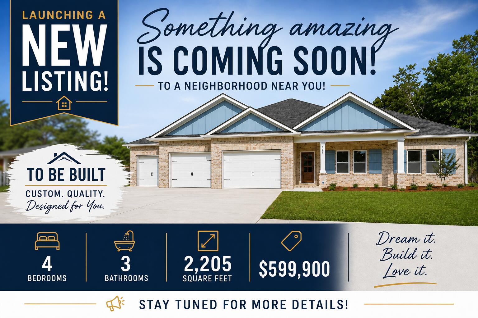 Coastal charm meets custom quality craftsmanship in this stunning new construction by local favorite Grand American Homes! Nestled on an oversized .26-acre lot in an established neighborhood, this all-brick beauty delivers upscale style and thoughtful design far beyond your average builder-grade home.

Step inside to discover quartz countertops throughout, soft-close cabinetry, durable luxury vinyl plank flooring, and absolutely no carpet. The chef-inspired kitchen steals the show with a custom backsplash, abundant storage, gas range, side-by-side refrigerator, and a premium gas appliance package ready for entertaining.

Designed with both comfort and privacy in mind, the split floor plan offers 4 bedrooms and 3 full baths, including a spacious primary retreat with a walk-in closet, soaking tub, and tiled shower. Two additional bedrooms share a bath, while the fourth bedroom features its own private en-suite -- perfect for guests or multigenerational living.

Outside, the lifestyle upgrades continue with a spacious 3-car garage plus an additional parking pad designed with boat and RV owners in mind because coastal living is better when there's room for all the toys. 

Sip your morning coffee on the covered front porch or unwind out back after a long day.
Sip your morning coffee on the covered front porch or unwind out back after a long day. Plus, enjoy added peace of mind with a 1-year builder warranty, 10-year structural warranty, and 1-year termite bond included.