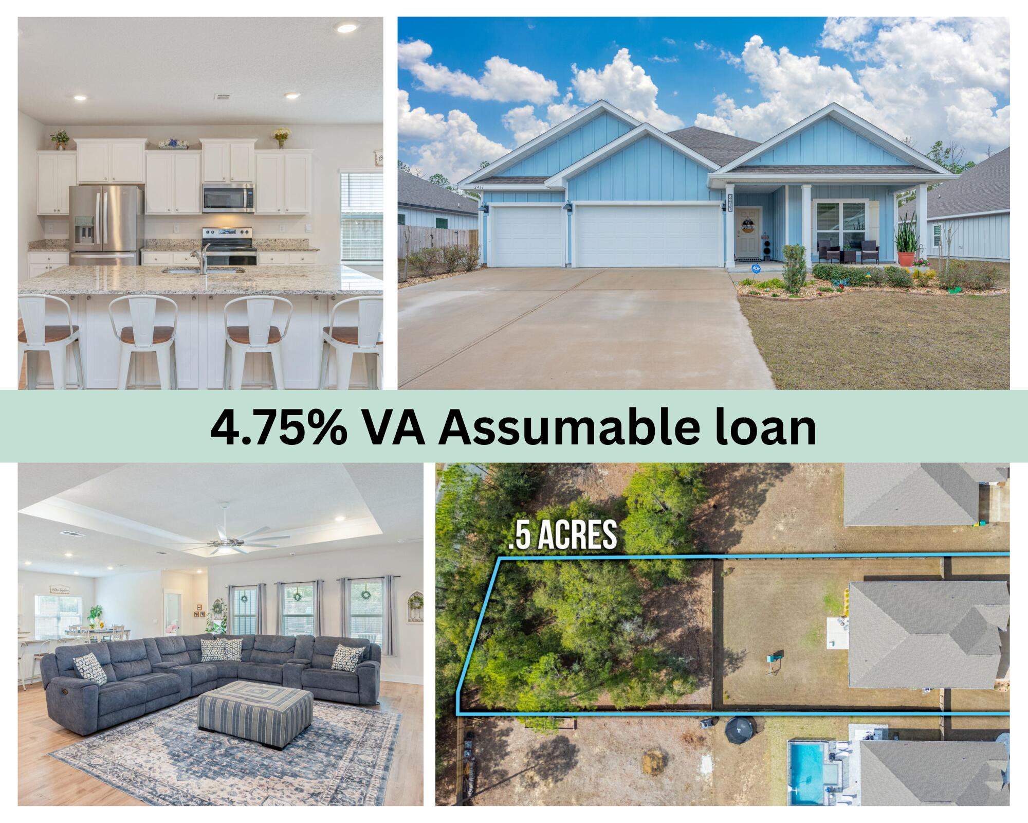 4.75% VA assumable loan! This 4/3 has a THREE CAR GARAGE and sits on a half acre lot? You found it! From the moment you enter, you will be amazed at the kitchen that offers a large granite island, plenty of cabinet space, stainless steel appliances, and a walk-in pantry. The kitchen is also open to the living and dining areas creating a perfect space for entertaining. From the living room, enjoy views of your fully fenced backyard with screened in porch and expanded patio! Each of the bedrooms are generously sized, offering comfort and versatility for your family or guests. The primary en suite features a garden tub, stand-up shower, double vanity, walk-in closet, and a private water closet. Schedule your showing today.