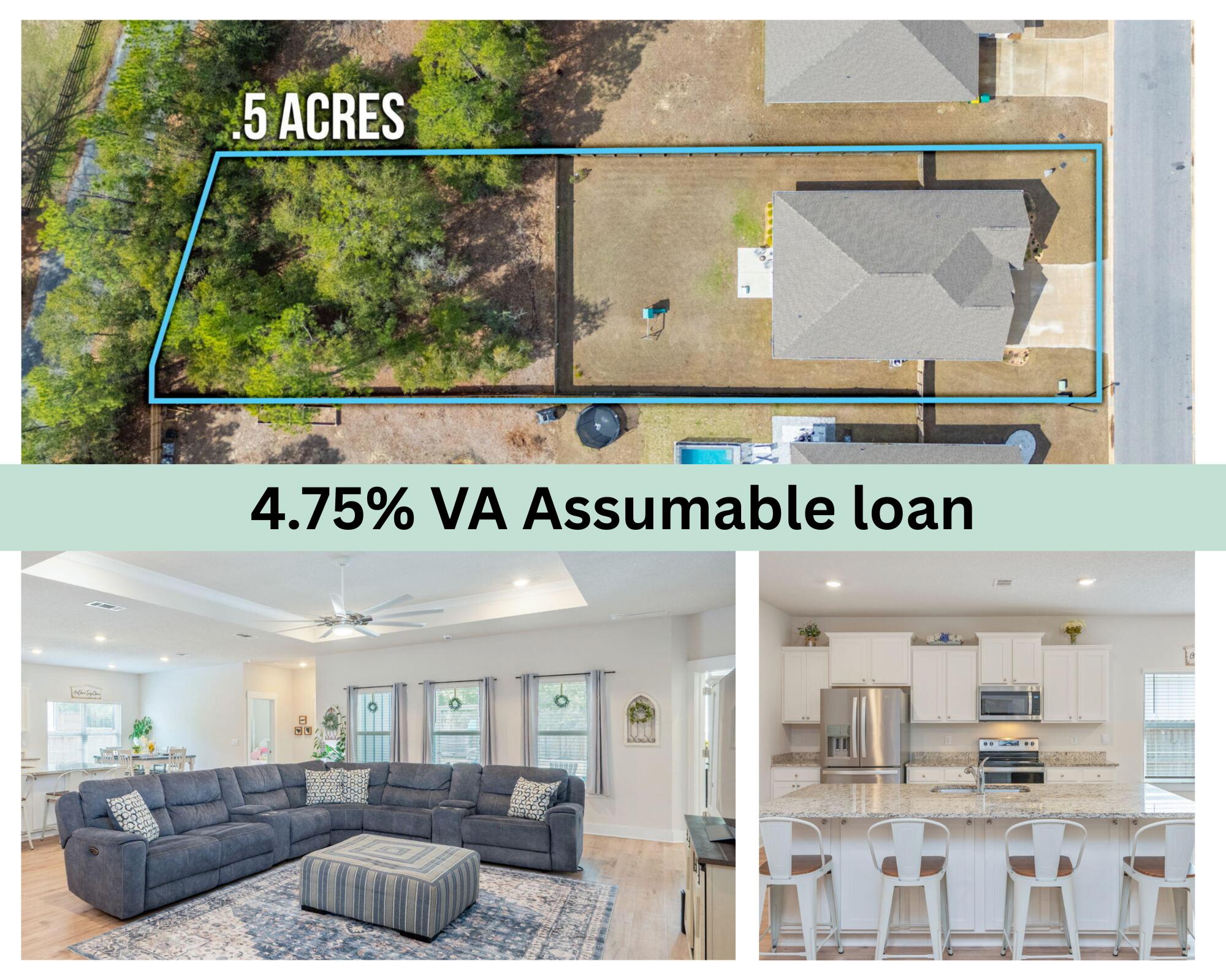 4.75% VA assumable loan! This 4/3 has a THREE CAR GARAGE and sits on a half acre lot? You found it! From the moment you enter, you will be amazed at the kitchen that offers a large granite island, plenty of cabinet space, stainless steel appliances, and a walk-in pantry. The kitchen is also open to the living and dining areas creating a perfect space for entertaining. From the living room, enjoy views of your fully fenced backyard with screened in porch and expanded patio! Each of the bedrooms are generously sized, offering comfort and versatility for your family or guests. The primary en suite features a garden tub, stand-up shower, double vanity, walk-in closet, and a private water closet. Schedule your showing today.