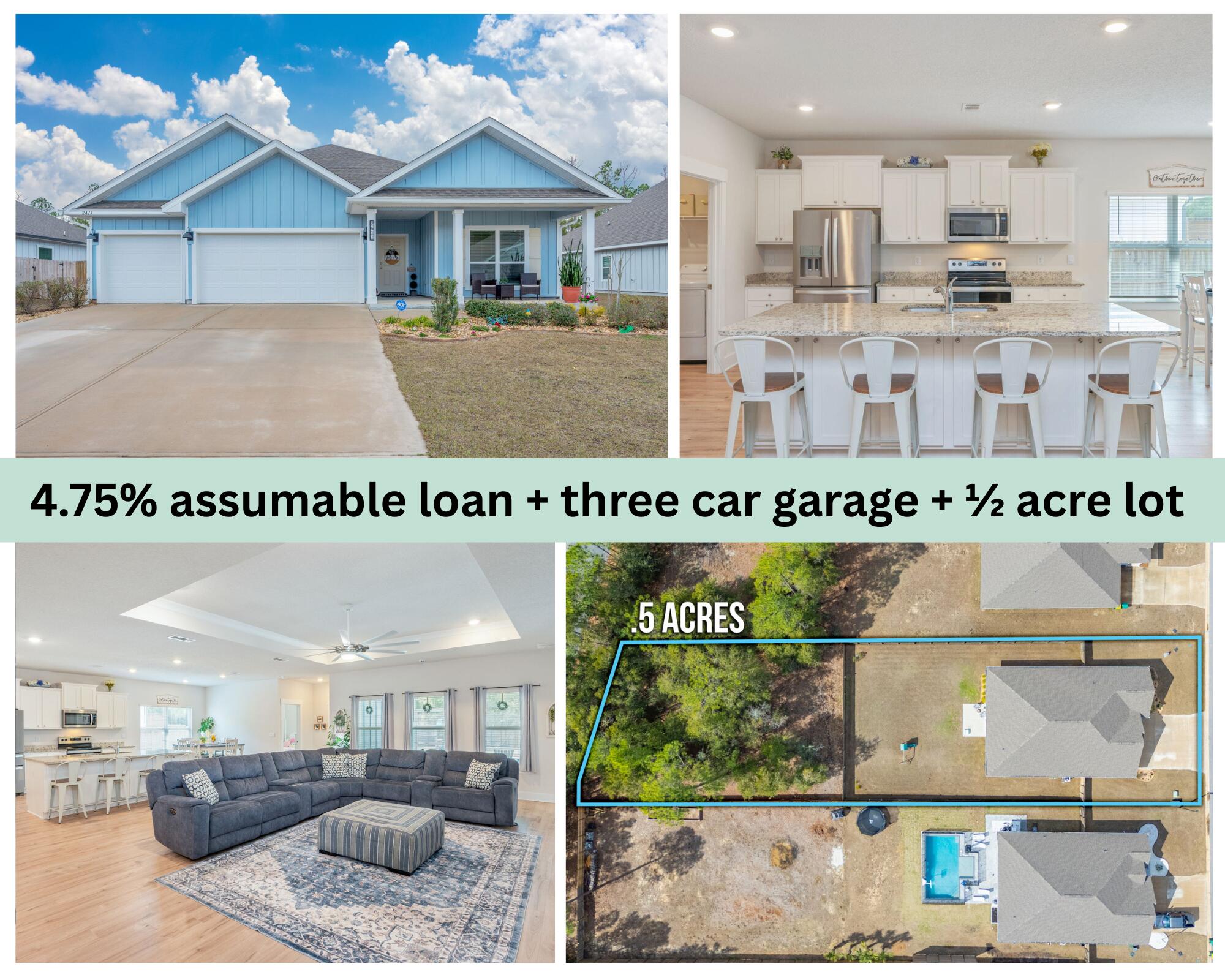 4.75% VA assumable loan! This 4/3 has a THREE CAR GARAGE and sits on a half acre lot? You found it! From the moment you enter, you will be amazed at the kitchen that offers a large granite island, plenty of cabinet space, stainless steel appliances, and a walk-in pantry. The kitchen is also open to the living and dining areas creating a perfect space for entertaining. From the living room, enjoy views of your fully fenced backyard with screened in porch and expanded patio! Each of the bedrooms are generously sized, offering comfort and versatility for your family or guests. The primary en suite features a garden tub, stand-up shower, double vanity, walk-in closet, and a private water closet. Schedule your showing today.
