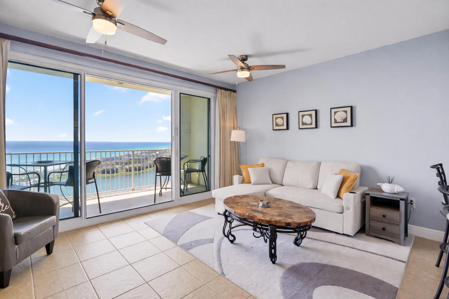 Welcome to the popular gated Seascape Resort. Stunning views that steal the show in all directions from your 19th floor condo. Bright coastal interior, newly painted, and updated. Delivering 9' ceilings, 8' tall, double sliding glass doors for gulf views from the living room & kitchen, and granite countertops. In-unit washer/dryer. Convenient location! Step outside where the lifestyle truly begins with 3 private pools, fitness center, sauna & steam rooms, tennis, pickleball, & basketball courts, and 18 hole golf course. Grab dinner & nightly music at the onsite Cabana Café or dine beachside at Whale's Tail Grill right across the street. Spend your days on 2,000 ft. of private beach or lounge poolside. Whether a second home or investment property, this is beach lifestyle done right... Enjoy Seascape Towne Center, located within Seascape Resort, and features shopping, dining, games, and live entertainment. This 55,000 sq.ft. lakeside development was designed for the whole family. Seascape Resort in Miramar Beach has everything you need right here on site!