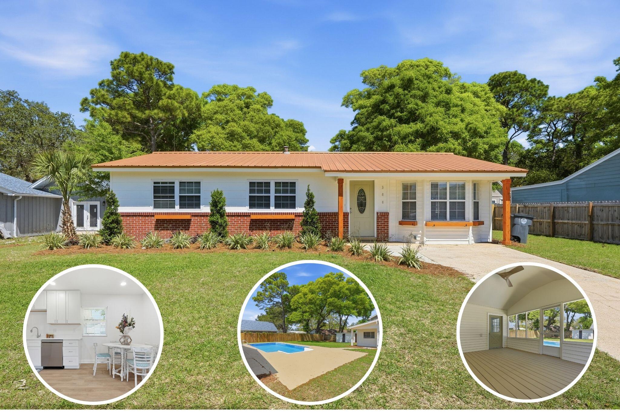 Get ready to fall in love! This unique property features a 3BR/2BA main home (1388 sq ft) plus a private 1BR/1BA GUEST COTTAGE (576 sq ft) --ideal for guests or rental potential. The metal-roofed main home offers a spacious living room with bay window, dining area, flex room/office, walk-in pantry, and kitchen that opens to a large screened porch. A laundry room and second full bath add convenience. Enjoy your own backyard retreat with a sparkling in-ground pool with new liner, arbor sitting area, and fire pit. The guest cottage includes a kitchenette with room to add a stove. Utility shed included. A hidden paradise you must see--schedule your showing today!