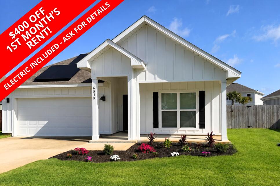 $400 Off The First Full Month's Rent - Electricity Included! Treasure the enchanting allure of 6539 Forest Bay Avenue, nestled in the serene embrace of Gulf Breeze, FL. This exquisite four-bedroom, two-bath sanctuary spans 1,786 square feet, offering ample space for relaxation and cherished gatherings. Step inside to discover an open-concept living area adorned with gleaming granite countertops that perfectly blend elegance and functionality. The heart of the home, the kitchen, invites culinary adventures with its modern design and premium finishes. Situated in a tranquil neighborhood, this home is a gateway to the natural beauty and vibrant community of Gulf Breeze, with the community pool just a short walk away. Revel in the convenience of nearby amenities while savoring the privacy and comfort of your own slice of paradise. Solar Panels for tenant use! Other than a $40 per month connection fee to FPL, electricity is included with the rent. Owner will allow dogs fully grown any size with $350 non-refundable pet fee per pet and $10 per month pet rent per pet. All Coastal Realty Services residents are enrolled in the Resident Benefits Package (RBP) which includes renters insurance, HVAC air filter delivery (for applicable properties) and our best-in-class resident rewards program! Owner will allow dogs fully grown any size with $350 non-refundable pet fee per pet and $10 per month pet rent per pet. All Coastal Realty Services residents are enrolled in the Resident Benefits Package (RBP) which includes renters insurance, HVAC air filter delivery (for applicable properties) and our best-in-class resident rewards program, and much more!