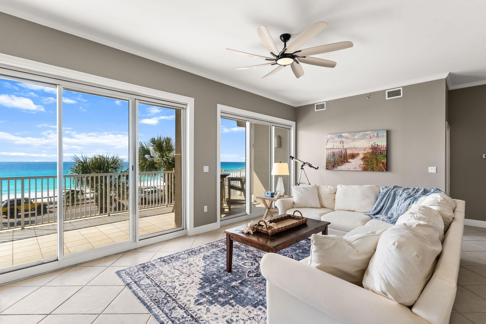 The Empress is gated and secure and the epitome of sophisticated coastal living.  With 2675 square feet on one level and glass on every wall, your mind is blown taking in the panorama views of blue skies, aqua waters and white sandy beach. Corner unit with over 450 feet of front and rear private balconies, luxury abounds with an open floor plan, featuring high ceilings, updated kitchen with breakfast bar, tile flooring, fresh paint, remodeled bathrooms and sold fully furnished. Elevator takes you to your semi-private foyer shared by only you and one other owner. Two master suites, both facing the gulf plus a quaint 3rd bedroom tucked off the back den. A fireside family room views the pool, lake and fitness center. Walk in closets, double pantry, laundry room and climate controlled storage