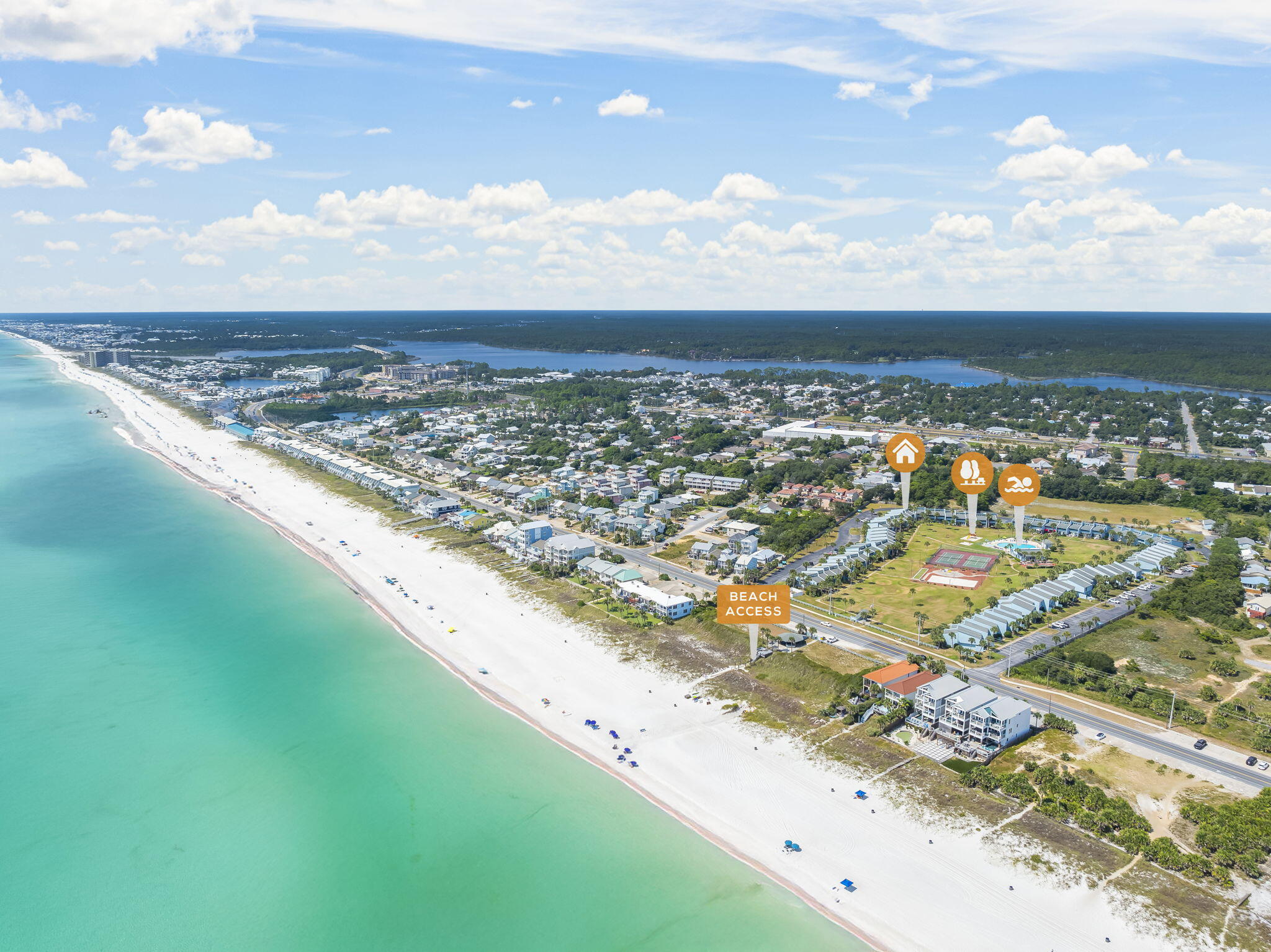 Gulf-Front Comfort Meets Coastal Charm! Welcome to your dream beach retreat in the highly sought-after Sunnyside Beach & Tennis Resort, where 350 feet of private beachfront and resort-style living come together on the quiet West End of Panama City Beach. This beautifully designed 2-bedroom, 2.5-bath condo offers the perfect balance of comfort and charm, making it ideal for full-time living, weekend escapes, or as a lucrative rental investment. Step inside and you'll find a bright, open-concept living space filled with natural light, soaring vaulted ceilings, and coastal finishes that instantly make you feel at home. The renovated kitchen features modern updates, a central island for meal prep and entertaining, and flows seamlessly into the dining and living areas. Sliding glass doors frame views of the community's picturesque amenities, creating a sense of connection between indoor comfort and outdoor leisure. Upstairs, a versatile loft area provides the perfect spot for a reading nook, creative workspace, or home office. The spacious primary suite boasts its own full bath, while the guest bedroom and additional full bath ensure privacy and convenience. A powder room on the main level adds thoughtful ease when hosting friends and family.

Outdoor living is just as inviting, with semi-private patios overlooking lush tropical landscaping; perfect for morning coffee, al fresco dining, or enjoying Gulf breezes at sunset. Recent upgrades such as LVP flooring throughout, modern lighting, and smart storage solutions create a fresh, practical, and stylish coastal vibe.

Life at Sunnyside Beach & Tennis Club is more than a residence - it's a lifestyle. Residents enjoy direct access to a private beach via a safe pedestrian tunnel under Front Beach Road, leading straight to sugar-white sand and emerald Gulf waters. Resort-style amenities include two community pools (one designed for kids), tennis and shuffleboard courts, volleyball, a playground, and a clubhouse with games and free WiFi, even on the beach. Expansive green spaces encourage evening strolls, laid-back afternoons, or simply soaking in the beauty of the Gulf. Dedicated parking, ample guest spaces, and boat/trailer storage options add convenience for both owners and guests.

Spread across nearly 18 acres of lush coastal grounds and pristine beachfront, Sunnyside is a rare gem that feels worlds away yet remains close to everything. You're just minutes from local dining and shops, Pier Park's vibrant entertainment district, and a short scenic drive from 30A with its art galleries, boutique shopping, and unique coastal culture.

Whether you're searching for a forever home, a relaxing family retreat, or a property with excellent rental potential, this condo has it all. Gulf views, private beach, resort amenities, and a prime West End location - this is where coastal dreams meet everyday reality.