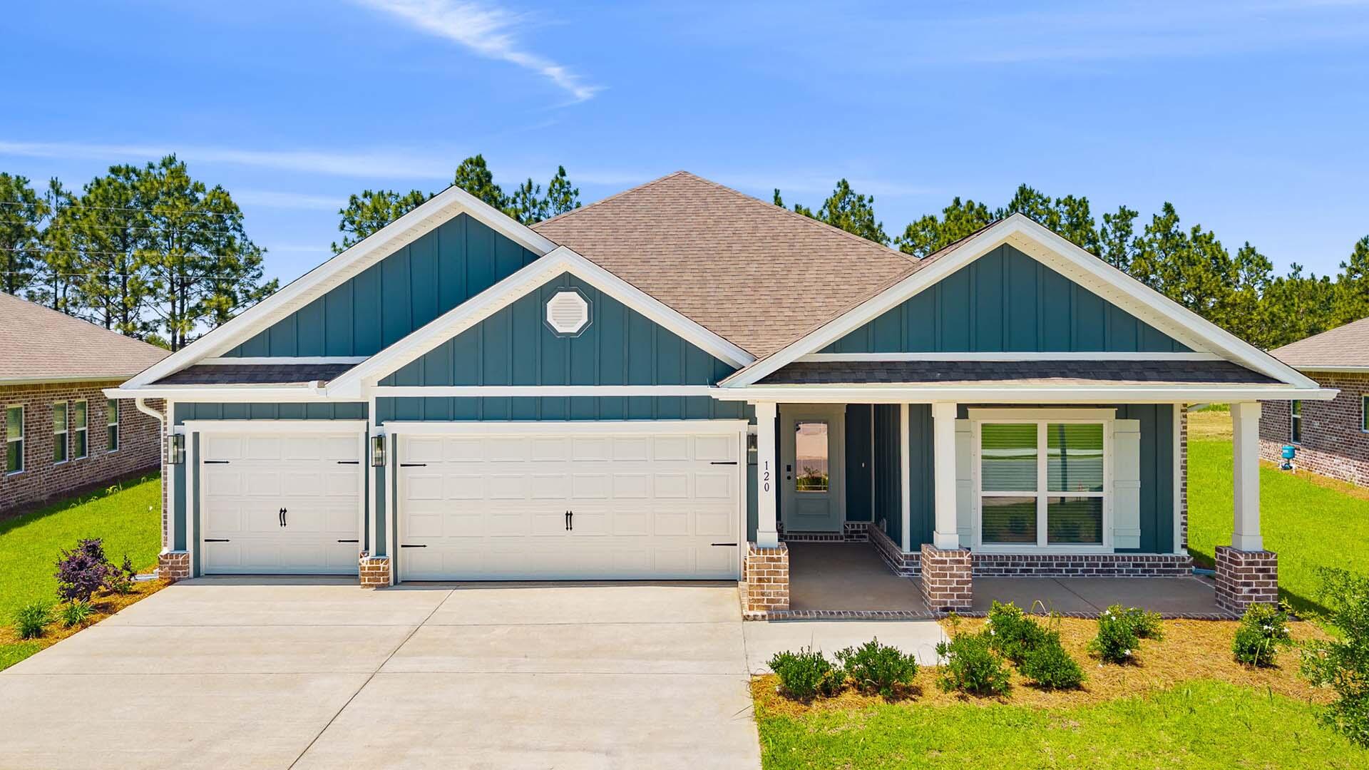 Welcome to 120 Farm Owl Drive, this new home that is ready for move in at Owl's Head Farms in Freeport Florida. As you enter this floorplan, you are immediately drawn into the expansive great room, where the open concept design showcases 9' ceilings with additional tray ceilings in the open living room.  As you enter the open living space there is an appointed dining room allows for a formal dining option. The kitchen is designed with an open concept and features elegant quartz countertops with white cabinetry to complement. A tile backsplash finishes out this space along with matte black plumbing fixtures.