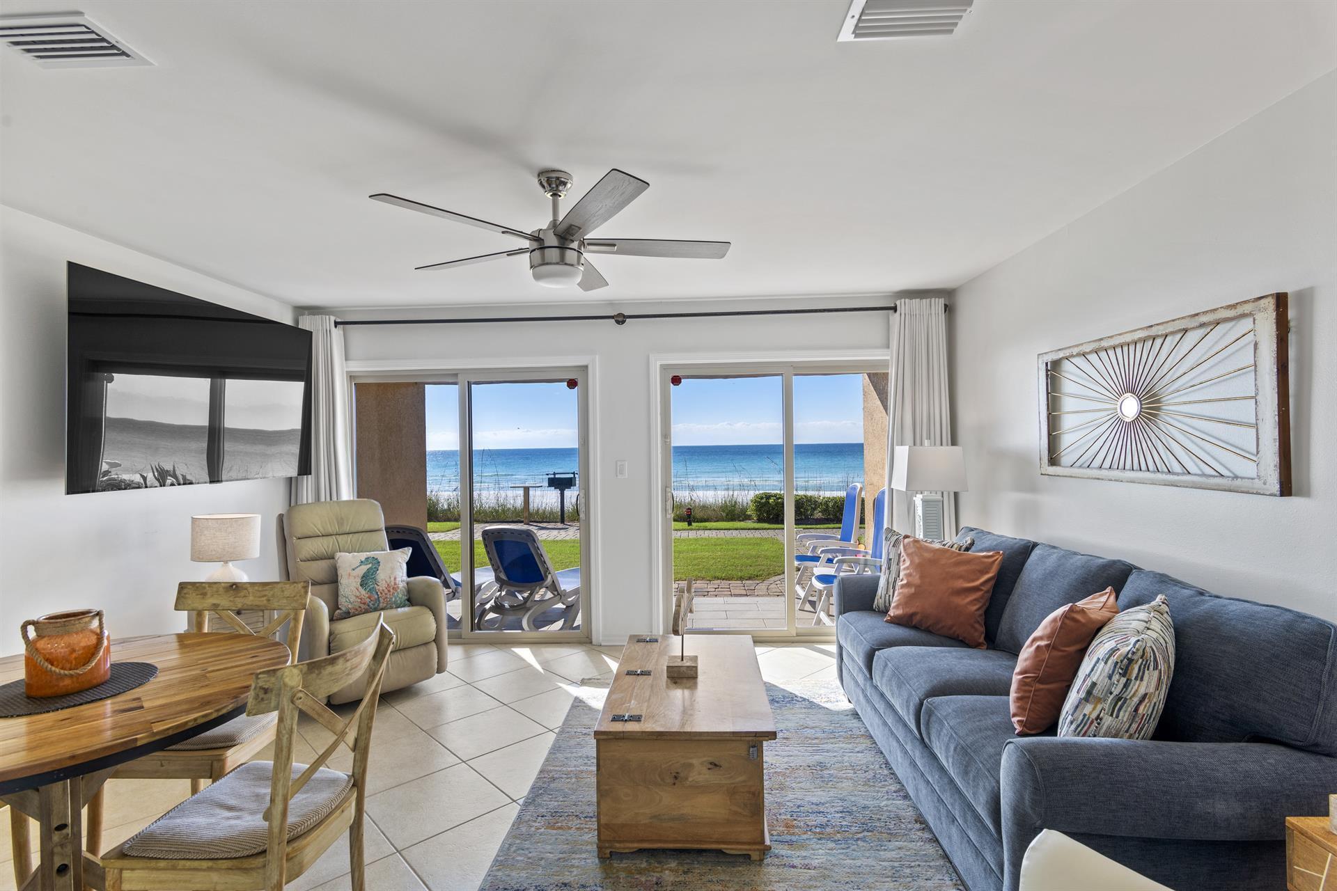 A quaint 3-story building, unit is located directly on the beach in the heart of Destin. A one bedroom fully equipped unit. With a king-size bed in the master bedroom, two bunk beds built into an alcove in the hallway, full-size kitchen, bath and a half. This unit is located on the ground floor with a breathtaking view of the beach and emerald green water. Beautiful turn key condo! The on-site rental management company has over 30 years experience in the property management business.