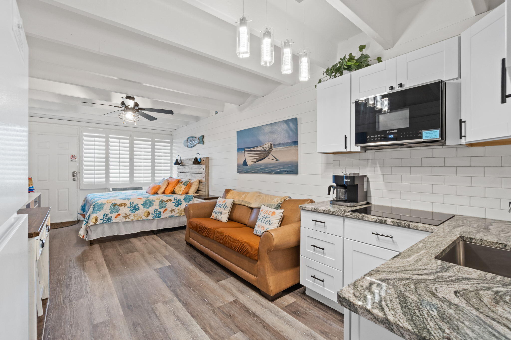 Take a peek at this coastal cutie! 🌊☀️
Welcome to a meticulously maintained condominium co-op community where short-term rentals are allowed -- and where Unit 401 has been part of one family's cherished traditions and happy memories for over 25 years. Now, it's ready for the next chapter and a new set of unforgettable beachside moments.
Fontainebleau Terrace, built right on Panama City Beach in 1965, has truly stood the test of time -- and then some. Thanks to incredible pride of ownership and attentive association management, the building and its amenities are beautifully maintained and up to date. Not only does she have a pretty face, Fontainebleau Terrace has successfully passed all inspections, with no new assessments on the horizon -- a huge plus!
This Gulf-front community offers everything you need for relaxed coastal living: Owner's lounge, Game room, Fitness room, Laundry facilities, A gorgeous partially covered pool, Open-air and covered gathering spaces overlooking the beach and Gulf, Elevator access to all floors, All utilities included in dues even ELECTRICITY!
And beach service is being added this year! <Ö

Perfectly positioned next to a dedicated beach, you'll enjoy unobstructed views of sugar-white sand, sea oats, and emerald-green waters in a low-density setting. Plus, you're just a short drive from dining, shopping, and entertainment in Panama City Beach, 30A, St. Andrews, and downtown Panama City.

Now let's step inside Unit 401... (

You'll find a beautifully updated space featuring: Shiplap walls, Plantation shutters, Gorgeous LVP flooring, Granite kitchen countertops, White subway tile backsplash, Shaker cabinets, Stainless farm-style sink,
Microwave, cooktop, and refrigerator, 
A stylish decorative barn door separates the kitchen and bath, where you'll find a bright, fresh space with a new vanity, porcelain sink, and a shower/tub combo, all accented with updated fixtures.

Turn-key and ready to go, whether you're looking for a primary residence, second home, or a vacation rental investment.