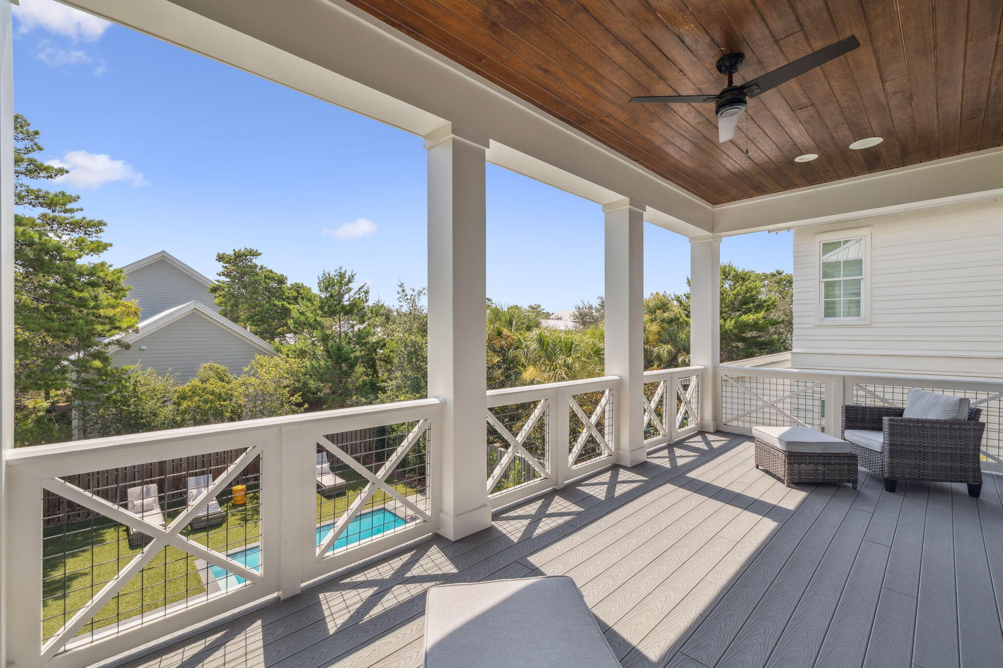 Take advantage of your investment already set with bookings to transfer.
Luxury meets coastal charm in this fully furnished, turnkey retreat south of Scenic Highway 30A, offering five en suite bedrooms plus a bunk room, private pool, and easy beach access just steps away. Designed to sleep up to 16, this home delivers the ideal blend of lifestyle, comfort, and rental-ready flexibility. 
Set on a corner lot in a highly desirable South of 30A location with no HOA, the residence showcases Southern coastal architecture elevated by modern finishes throughout. Expansive full-width front and rear porches, along with a covered poolside terrace and outdoor bar, create exceptional indoor-outdoor living, perfect for entertaining and year-round enjoyment. Inside, soaring ceilings, hardwood flooring, and sun-filled living spaces welcome you into an open, inviting floor plan. The gourmet kitchen features quartz countertops, premium stainless steel appliances, and generous prep space suited for everything from casual beach days to hosting larger gatherings. A first-floor guest suite, multiple balconies, and a garage add convenience and flexibility rarely found at this level.
Tucked away from heavier foot traffic, the home enjoys access to a quiet neighborhood beach boardwalk just down Sand Dunes Road, offering a peaceful path to the sugar-white sands and emerald waters that define 30A. Conveyed fully furnished, including a golf cart, this property is truly rental-ready and well-positioned for personal enjoyment or short-term rental use.
A rare opportunity to own a south-of-30A coastal home with private pool, strong rental appeal, and immediate beach access--all just moments from the dining, shopping, and charm that make 30A one of the most sought-after coastal destinations in the country.