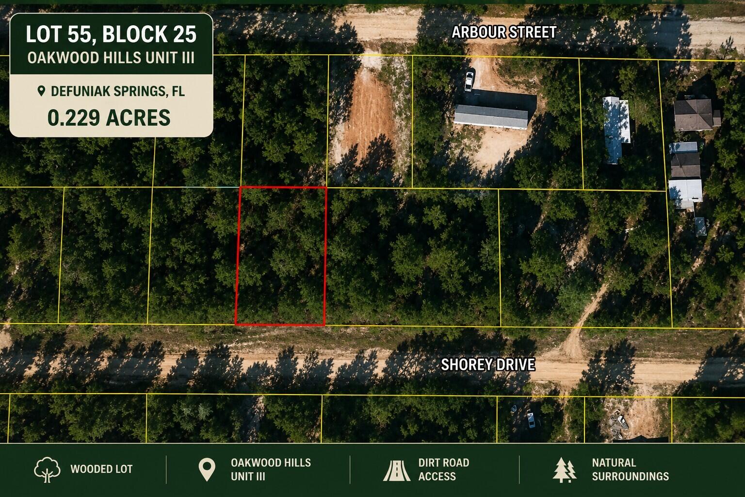 Your opportunity to own land on Shorey Drive! This vacant lot in the Oakwood Hills area of DeFuniak Springs offers an affordable option for a buyer looking toward the future. Explore the potential for a future homesite, small home, or manufactured/mobile home, subject to county requirements, permitting, access, utilities, and site suitability.

The property is approximately 9 miles from historic downtown DeFuniak Springs and beautiful Lake DeFuniak, where an approximately 1.2-mile paved walking trail circles the lake. Downtown also offers a pier, amphitheater, local comfort food, and the Walton County Heritage Museum. Piggly Wiggly, local colleges, and a 24-hour Casey's are just minutes away, while Starbucks, Walmart Supercenter, and HCA Florida Twin Cities Hospital are approximately 10 minutes away. An affordable opportunity to invest in your future. Buyer to verify all information important to buyer. Seller has additional lots available that may be sold together or separately in Oakwood Hills.