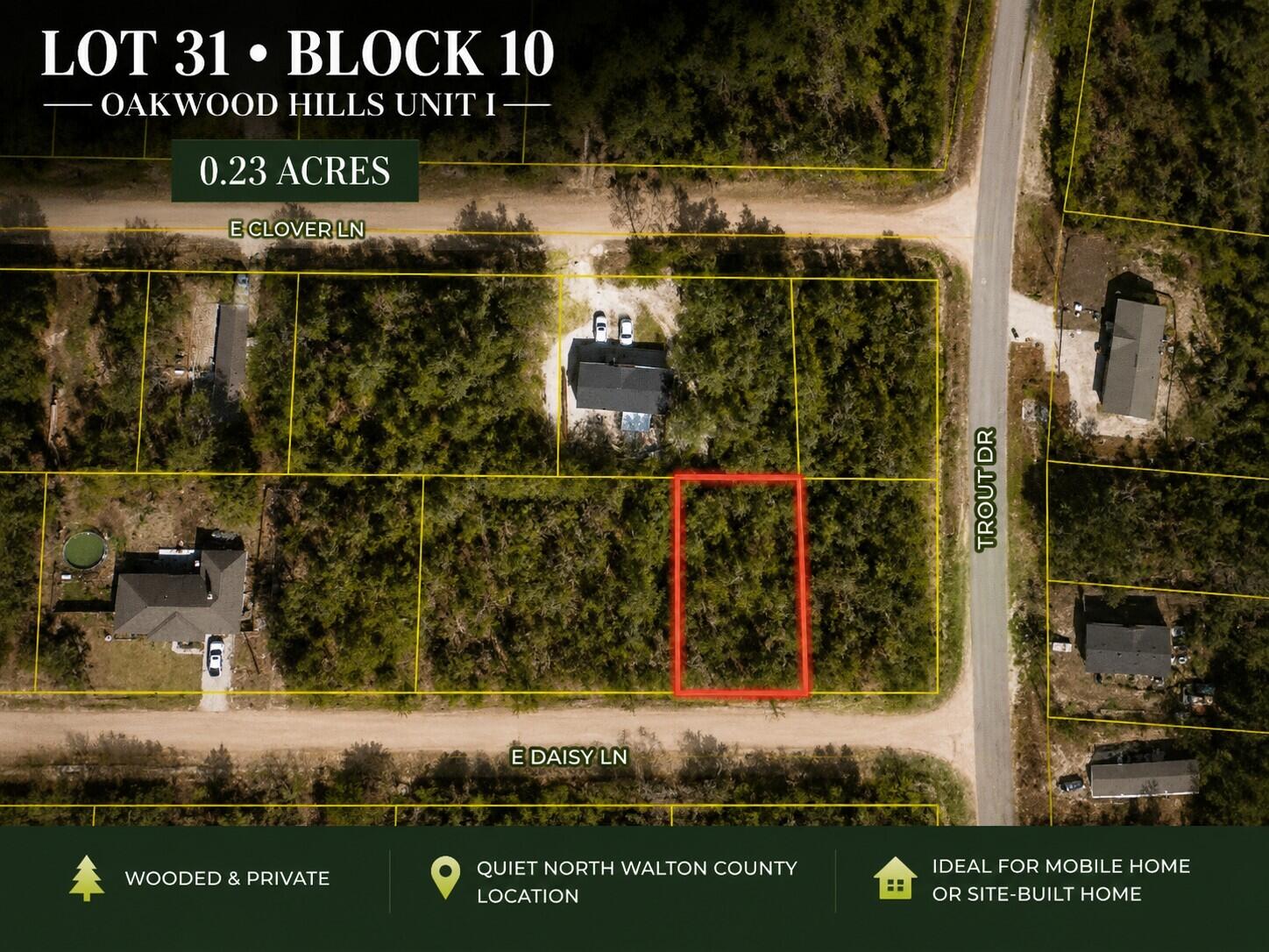 Looking for an affordable piece of land in DeFuniak Springs? This vacant Oakwood Hills lot offers the opportunity to own land near small-town conveniences while remaining approximately 9 miles from historic downtown DeFuniak Springs.

Imagine the possibilities for a future small home, traditional residence, or manufactured/mobile home, subject to county requirements, permitting, utilities, and site suitability. Downtown offers beautiful Lake DeFuniak with an approximately 1.2-mile paved walking trail, pier, amphitheater, local comfort food, and the Walton County Heritage Museum. Piggly Wiggly, Emerald Coast Technical College, Northwest Florida State College's Chautauqua Center, and a 24-hour Casey's are just minutes away, while Starbucks, Walmart Supercenter, and HCA Florida Twin Cities Hospital are approximately 10 minutes away. An affordable opportunity to buy now and explore your future options. Electric service provider confirmed as CHELCO and water provider confirmed as Mossy Head Water Works.