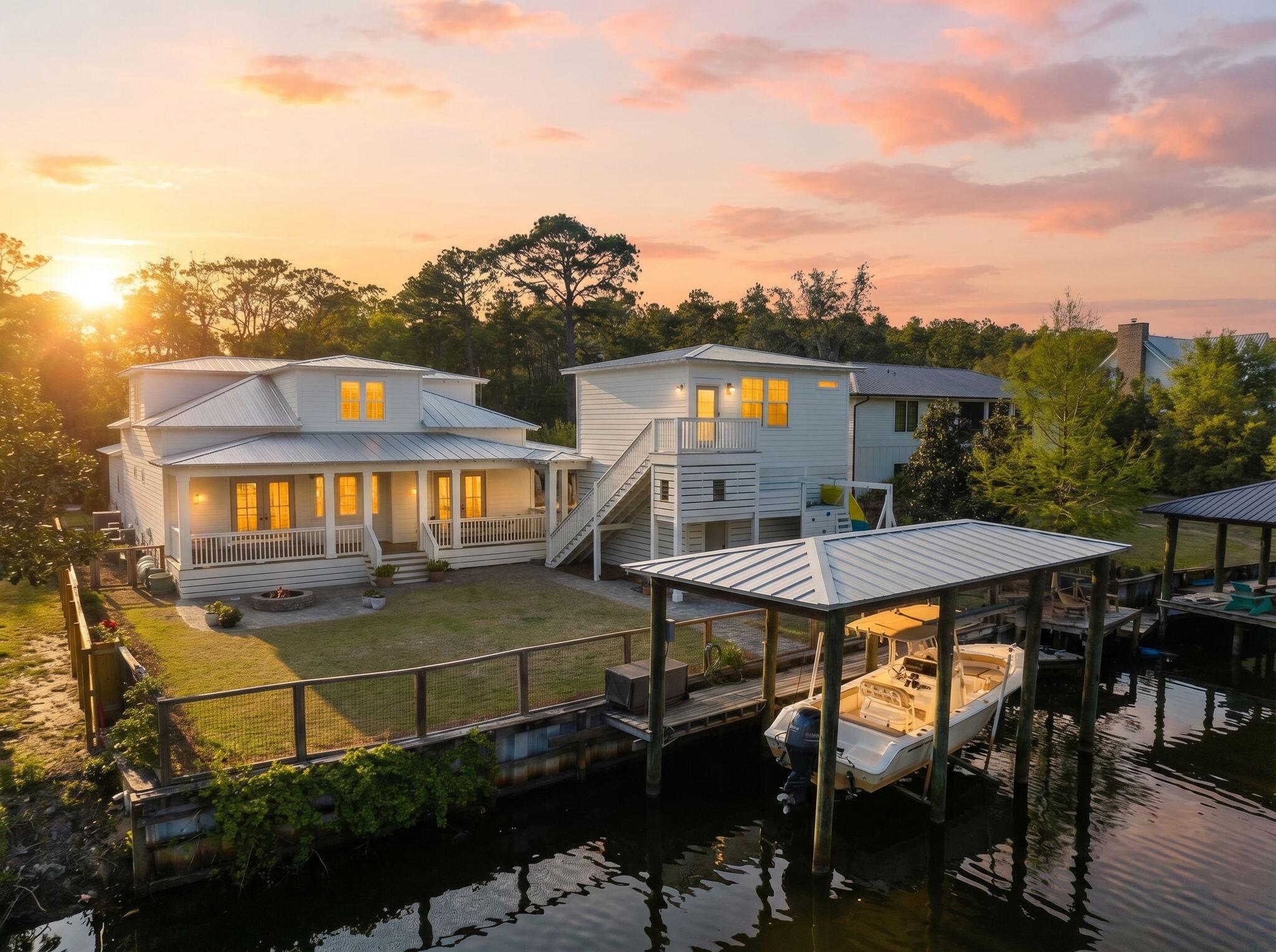 Wake up to canal views and cast off from your own backyard. Tucked into one of Point Washington's most beloved neighborhoods, 578 W Point Washington Road delivers the waterfront lifestyle 30A buyers dream about - private dock with boat lift (power and water already run to the lift), established seawall, and a waterfront fire pit made for sunset gatherings.

Built in 2019 with 3,118 heated square feet of coastal-durable Hardie board construction and crowned with a premium standing seam metal roof, this two-story, 6-bedroom, 4.5-bath residence combines everyday durability with the warmth of a true gathering home. The main house offers 5 bedrooms and 3.5 baths, while a detached carriage house adds a private 1-bed, 1-bath retreat - ideal for guests, multi-generational living, or income potential.

Inside, an open-concept floor plan flows effortlessly from room to room. The kitchen is anchored by a 36" Thor gas range and finished with semi-custom cabinetry, quartz countertops, under-cabinet lighting, and a seamless layout built for entertaining. A tankless gas water heater and full suite of gas appliances deliver everyday efficiency, while a gas fireplace and high-end light fixtures add quiet luxury throughout. LVP flooring runs through the main living areas; secondary bedrooms are carpeted for comfort.

The first-floor primary suite features a walk-in closet with custom shelving and a spacious bath finished with quartzite countertops, and a generously sized bonus/flex room on the main level works beautifully as a home office, playroom, media space, or additional sleeping quarters. Upstairs, three bedrooms offer comfortable separation for family and guests - one with a private en-suite bath, and two more sharing a full hall bath. Thoughtful details - marble-topped powder bath, a brick-paver mudroom with built-in cubbies, gas lanterns on the front porch, and expanded eave storage in multiple bedrooms - set this home apart.

Outside, enjoy a covered porte-cochère plus garage, covered back porch, outdoor shower, and a refreshed front exterior. Exceptional storage, premium construction, and unbeatable canal access make this a rare find in Point Washington.

Launch the boat, light the fire pit, and settle in. This one lives the way the coast was meant to.