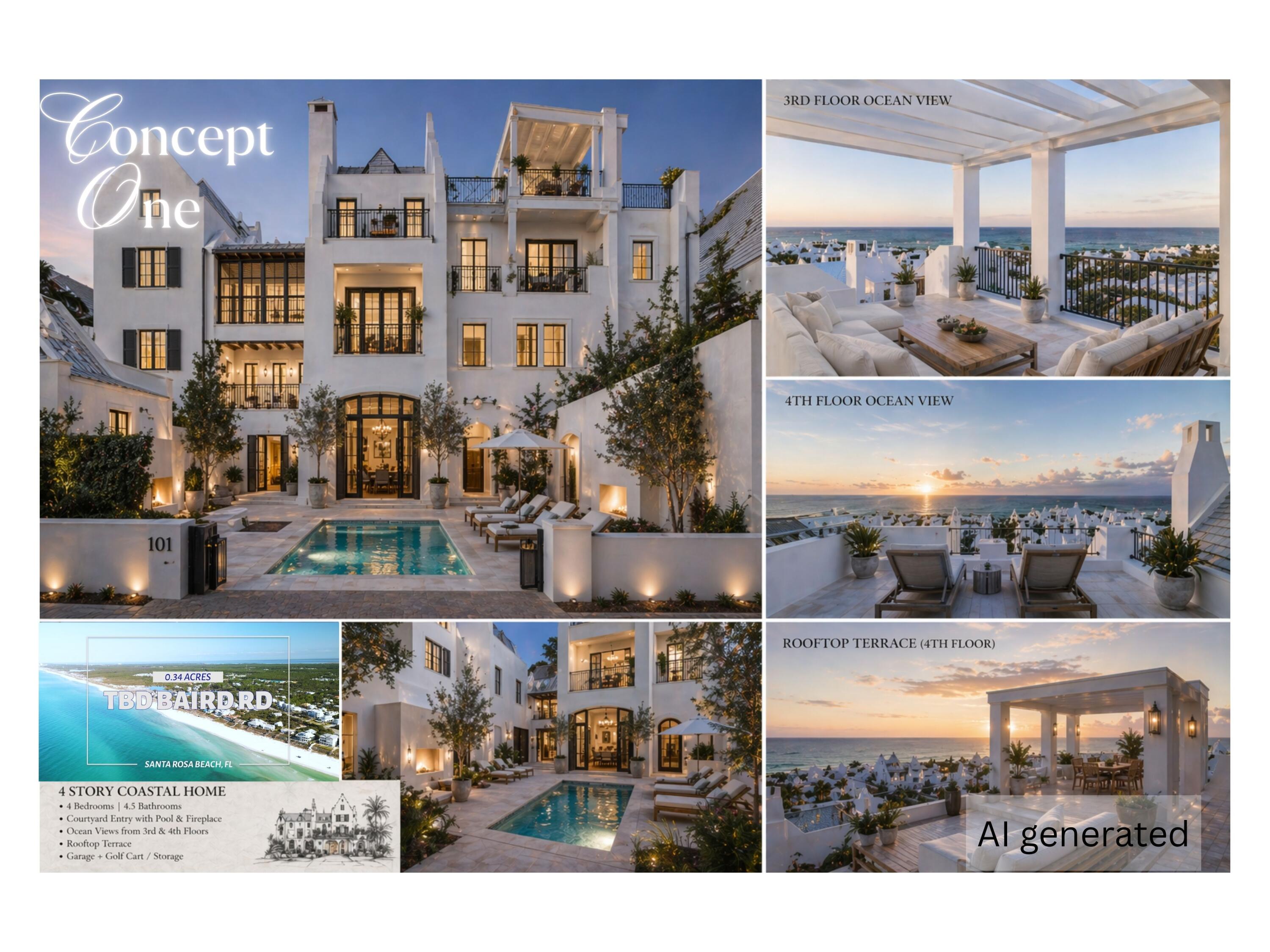 This 0.34-acre gem along Scenic 30A is perched high and dry atop a hill on Baird Road, 1 block north of 30A and 35 feet above sea level. It offers breathtaking Gulf views from a building elevation of 35 feet and above. Just a short walk from Dune Allen Regional Beach Access, this spacious, no HOA lot is perfect for a custom masterpiece or a high-income investment property. 
Enjoy the coastal charm of 30A's west end, with an abundance of public beach accesses, restaurants, shopping, and live music nearby. Large, elevated scenic lots like this one are a rarity. What do you envision on this lot?
Disclaimer: The concept images and visual representations associated with this listing are AI-generated conceptual illustrations intended solely for inspirational purposes. Buyers should independently verify all information and consult with the appropriate professionals regarding feasibility, design, permitting, construction, and property specifications.