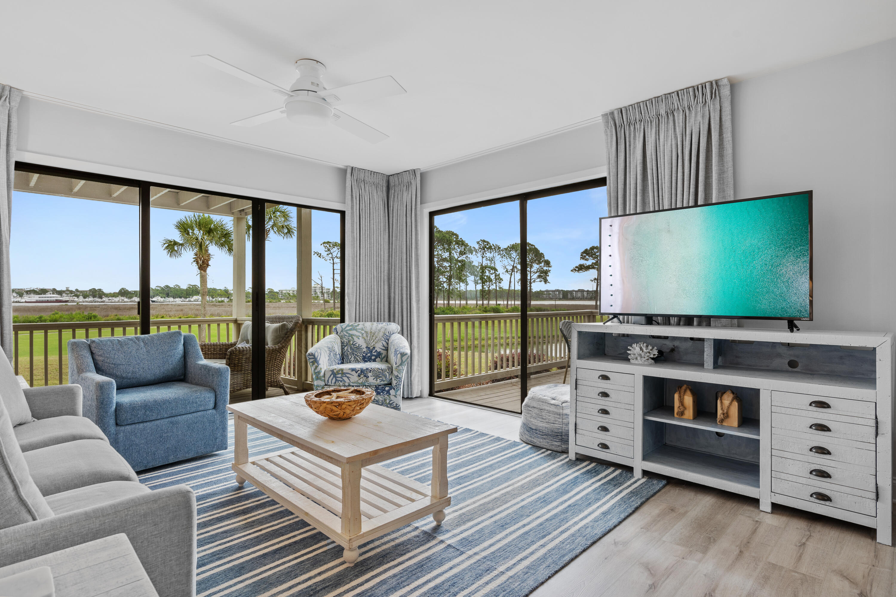 6 MONTH LEASE! Fully furnished 2BR/2BA with all utilities included! Amazing full harbor views from this stunning Bayside retreat! Entertain and relax on one of two decks - Covered deck off living room has comfortable chairs and loveseat!  Kitchen is fully-stocked and all major appliances. Master bedroom features a King bed and master ensuite with walk-in shower! Master deck has same amazing views and dining area with umbrella. Guest bedroom has twin beds and both bedrooms have smart TV's. 814 Harbour Point is in a great location - right on the 14th hole of The Links Golf Course! This unit comes with a 4-seater GOLF CART!!!  Walking, biking, driving, or golf cart access to golf, tennis, dining, shopping, live entertainment, marina, and beach access. Harbour Point offers a private community pool and lounge area. Come live the resort life!!