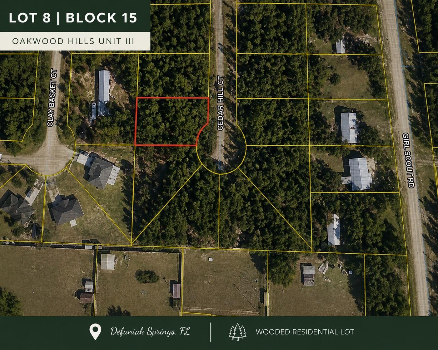 Looking for an affordable place to start planning for the future? This vacant Oakwood Hills lot offers the opportunity to own land in the DeFuniak Springs area with potential for a future small home, traditional residence, or manufactured/mobile home, subject to all applicable county requirements and approvals.

Located approximately 9 miles from historic downtown DeFuniak Springs, you can enjoy the beauty of Lake DeFuniak and its approximately 1.2-mile paved walking trail, pier, amphitheater, local comfort food, and Walton County Heritage Museum. Everyday conveniences are close by, including Piggly Wiggly, Emerald Coast Technical College, Northwest Florida State College's Chautauqua Center, and a 24-hour Casey's. Starbucks, Walmart Supercenter, and HCA Florida Twin Cities Hospital are approximately 10 minutes away. CHELCO and Mossy Head Water Works confirmed as service providers in this area. Seller has multiple lots available in Oakwood Hills and will sell lots separately or together.