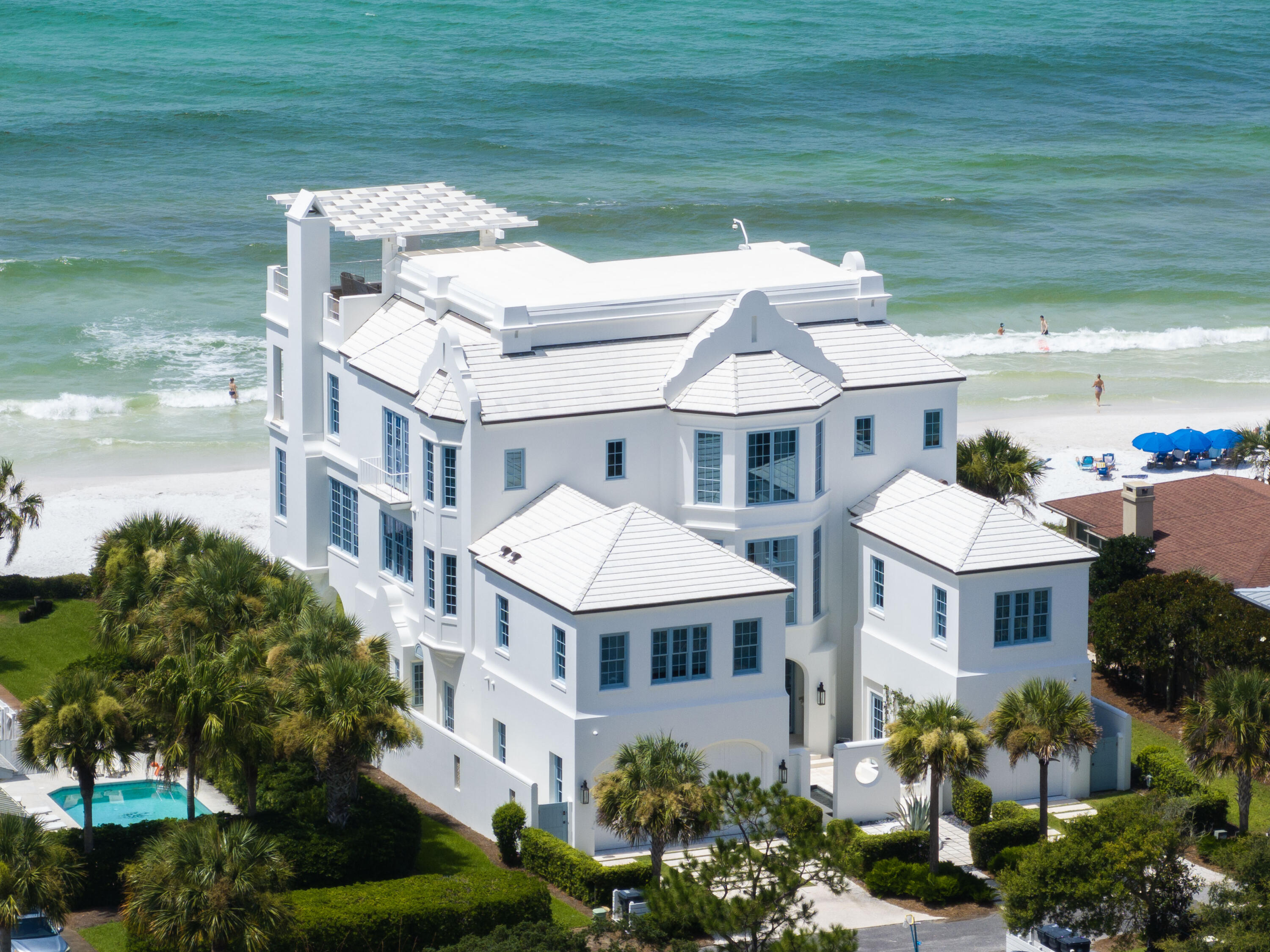 Mont Blanc is an extraordinary Gulf-front residence located in the heart of Seagrove Beach along Scenic Highway 30A. Built in 2019, the home offers approximately 9,000 square feet of living space with six bedrooms, six full baths, and three half baths. Spanning four levels, the property includes an elevator, multiple indoor and outdoor living areas, two pools, a three-car garage, and approximately 90 feet of Gulf frontage.