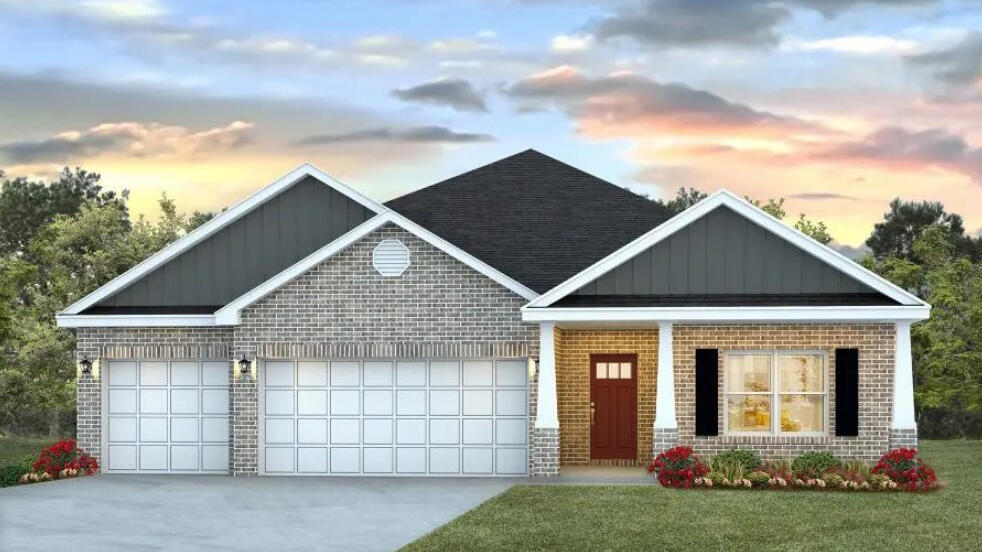 The Destin plan is an upscale 4 bed, 3 bath home with a '3 car garage'. This one-story well-designed home features a highly desirable open concept plan, with a spacious great room and dining space that flows into the kitchen and breakfast area. Two bedrooms at the front of the home are connected by a full bathroom, while Bedroom one is located on the back of the home for a private slit bedroom floorplan. The fourth bedroom next to the kitchen can serve as an optional den or office, providing extra space for work or for play. This home includes the ''Smart Home'', connect package that provides several convenient Smart Devices you will enjoy. Fabric Hurricane window and door protection is also included. ALL LISTING pictures, colors, features, and size may vary. Square footages are approximate.