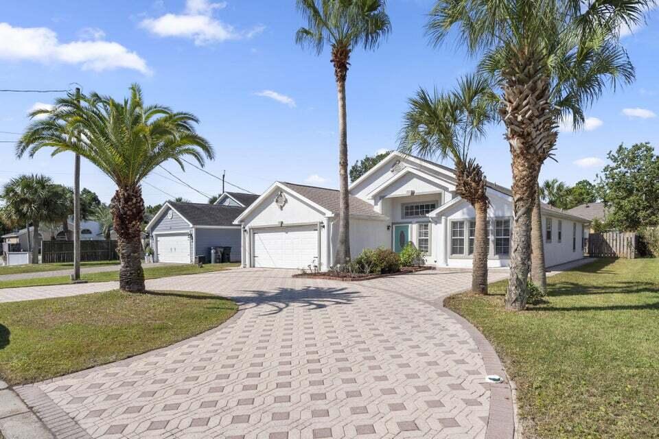 Beautiful, spacious home just a short drive - 1.3 miles to local beach access, with high ceilings, plenty of natural light, and a large living area that creates an open and comfortable feel. The kitchen features granite countertops, stainless steel appliances, and plenty of workspace for cooking and entertaining.  The split floor plan provides privacy for the primary suite, which includes walk-in closets, dual vanity sinks, and direct access to the screened porch. The primary bathroom is very spacious and includes a full-size tub and shower combo.  The home also features a fenced backyard, providing a great outdoor space for relaxing, entertaining, or enjoying additional privacy. The screened porch and outdoor areas add even more space to enjoy the Florida lifestyle.