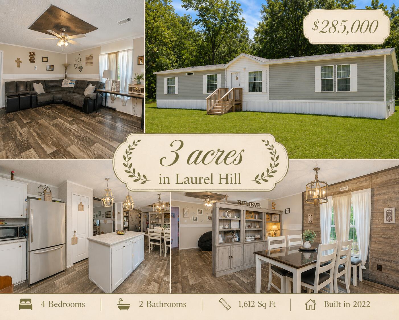 Newer 4-bedroom, 2-bath manufactured home situated on approximately 3 acres in Laurel Hill! Conveniently located just a few blocks from Laurel Hill School (K-12), this property offers both space and convenience. Step inside to discover a charming farmhouse-inspired interior featuring neutral color palettes and durable luxury vinyl plank (LVP) flooring throughout. The open-concept layout includes a spacious living room, a beautifully designed kitchen with a large center island, stunning pendant lighting, and an adjacent dining area. A second living space provides additional room for entertaining, relaxing, or creating a home office or playroom. The generously sized primary suite offers a private retreat complete with a garden tub, dual vanities, and a separate shower. Three additional bedrooms provide ample space for family, guests, or hobbies. With modern finishes and plenty of room to enjoy both indoors and out, this property is ready to welcome you home. Please note - Seller is retaining a 1/2 acre with older white home located on the northwest portion of property. Sale is contingent upon successful lot split.  Buyer to verify all areas of importance.