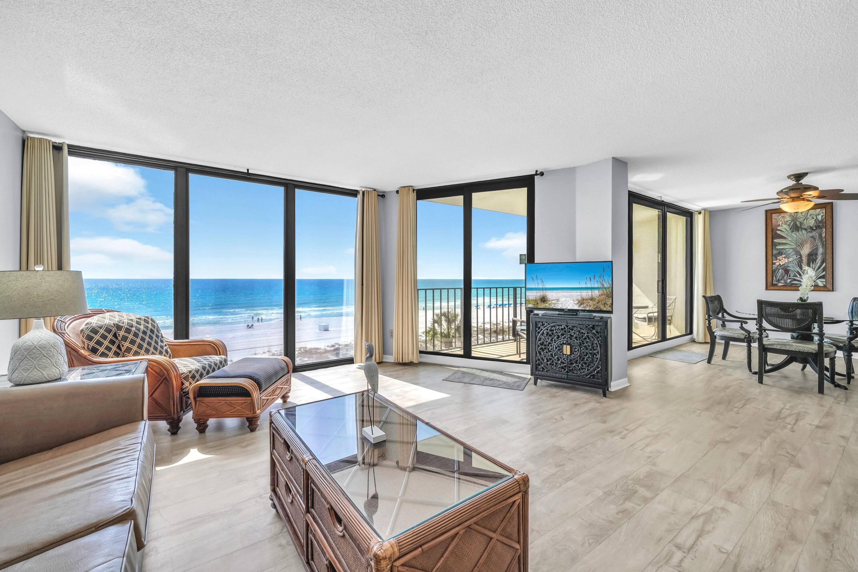 Welcome to Edgewater excellence in Tower II-307, featuring the coveted 'Deluxe' floor plan that delivers the resort's most spacious 2-bedroom design plus massive rental opportunity. This well-maintained third-floor retreat is sold fully-furnished and features several high-value updates, including a 2021 HVAC system and newer hurricane-rated floor-to-ceiling sliding glass doors for seamless balcony access. The kitchen is equipped with stainless steel appliances and painted white cabinets. Throughout the unit is upgraded wood-look flooring and tile (no carpet!). The dining room flows to the large balcony which provides spectacular, direct views of the emerald waters and white sands from a vantage point that feels remarkably connected to the beauty of the Gulf. Since it is already on a rental program, a new buyer has the opportunity to begin collecting rental income immediately. Comparable 2-bedroom units at Edgewater are generating $50,000-$60,000 annually! Now is the perfect time for a new buyer to add their own personal flair and coastal vision to capitalize on rental potential. Tower II is an ideal location, situated west of the grand lagoon pool and closer to the beach than Tower I for added privacy and easier shoreline access. Edgewater Beach and Golf Resort remains a landmark destination in Panama City Beach, offering an array of amenities that no other complex can match. The HOA is in a strong position with all required inspections completed and no special assessments pending. Edgewater offers direct beachfront access and a wealth of on-site conveniences including a beachfront restaurant, market, pizza, and ice cream shop. Stay active at the large fitness center, pickleball and tennis courts, or the golf course located right on the property. The guarded security gates and proximity to a plethora of local dining and attractions make this one of the most sought-after locations on the Emerald Coast. Whether you are looking for a beach home or a strategic investment, this unit offers a solid foundation at an incredible value. Schedule your showing today to experience the amazing Gulf views and the endless possibilities of this Tower II Deluxe oasis. A video tour is also available