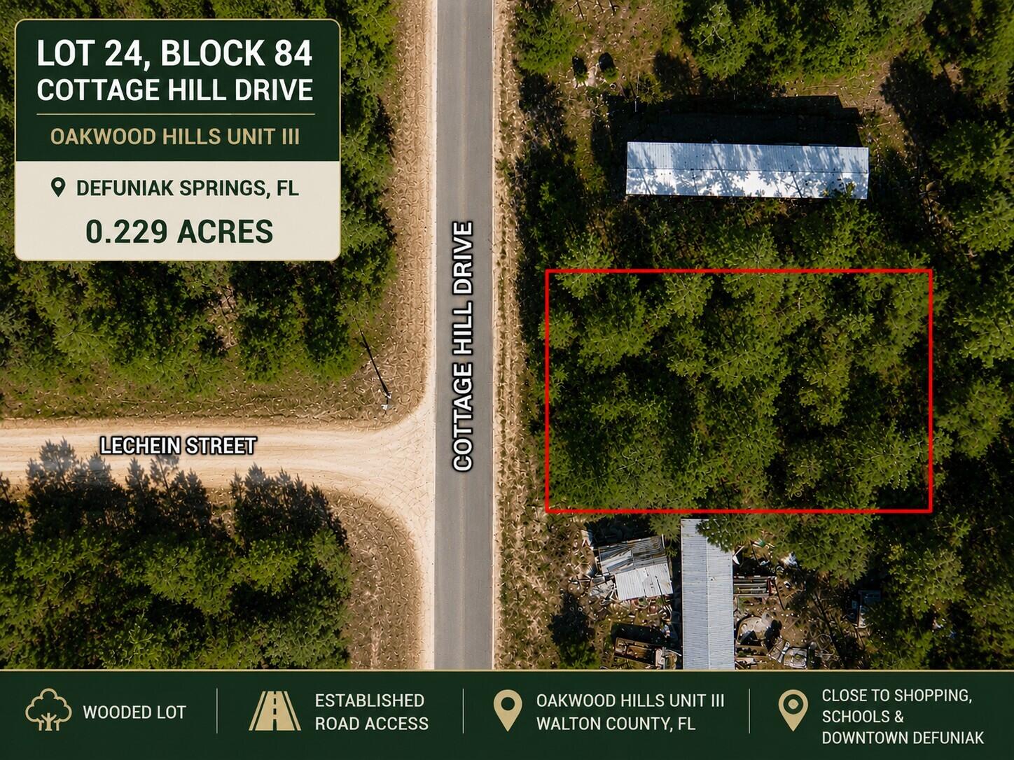 Imagine the possibilities on Cottage Hill Drive! This vacant lot in the Oakwood Hills area of DeFuniak Springs offers an affordable opportunity to own land for the future. Explore the potential for a small home, traditional residence, or manufactured/mobile home, subject to all applicable county requirements, approvals, utilities, access, and site suitability.

The property is approximately 9 miles from historic downtown DeFuniak Springs, home to beautiful Lake DeFuniak and an approximately 1.2-mile paved walking trail surrounding the lake. Enjoy the pier, amphitheater, local comfort food, and Walton County Heritage Museum. Everyday conveniences are nearby, including Piggly Wiggly, Emerald Coast Technical College, Northwest Florida State College's Chautauqua Center, and a 24-hour Casey's. Starbucks, Walmart Supercenter, and HCA Florida Twin Cities Hospital are approximately 10 minutes away. An affordable opportunity to own land in the DeFuniak Springs area and start exploring your future plans. Buyer to verify all information important to buyer. Seller has additional lots that can be sold separately or together. CHELCO and Mossy Head Water Works confirmed as service providers for the area.