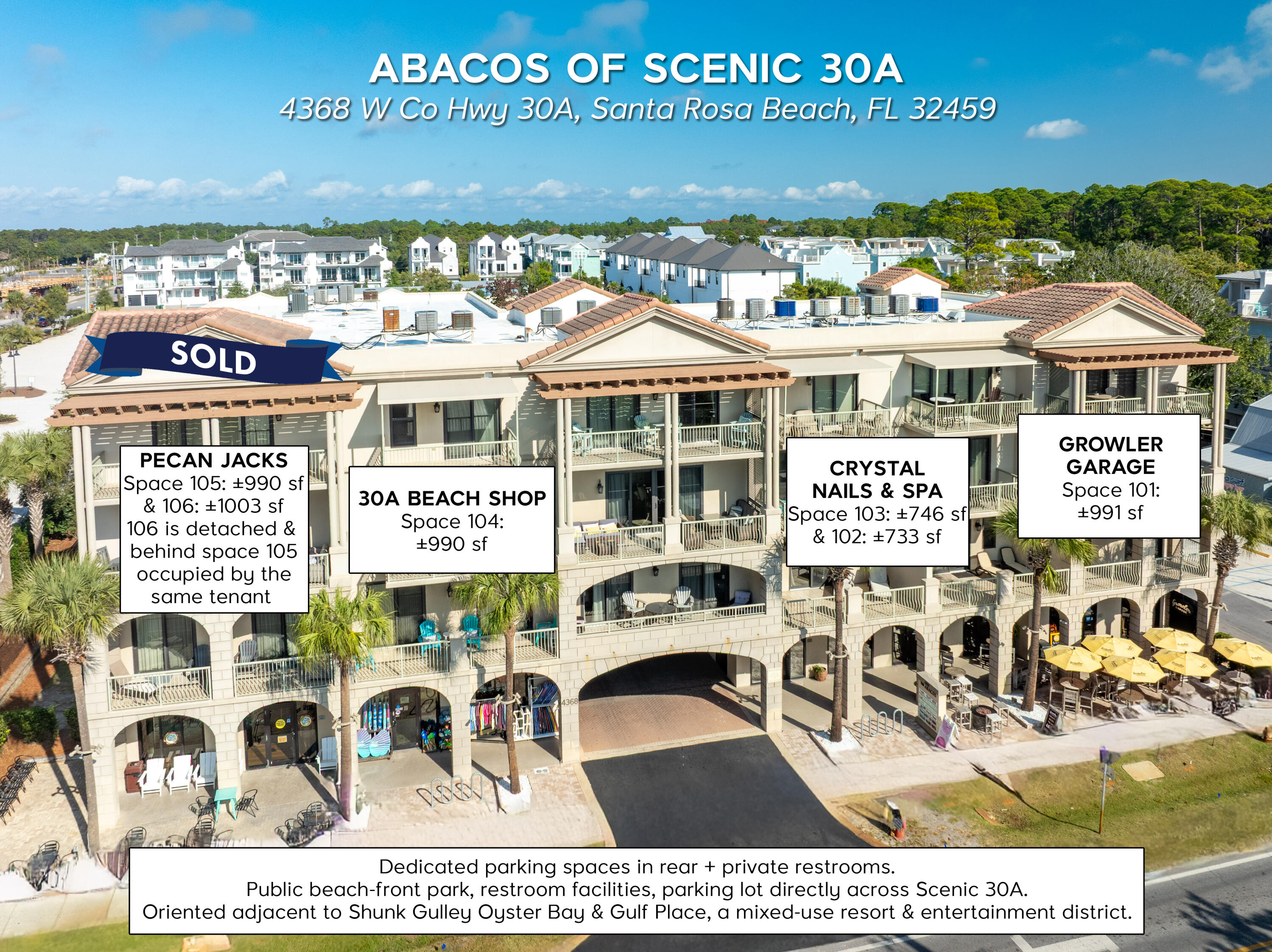 POTENTIAL IMMEDIATE OCCUPANCY! Prime commercial retail storefronts on Scenic 30A in Santa Rosa Beach, Florida! These rare commercial spaces project a strong presence on Scenic 30A in Santa Rosa Beach, Florida, and capture high visibility from the synergistic peripheral uses that include the mixed-use, entertainment development known as Gulf Place, and flanked by Shunk Gulley Oyster Bar & Papa Surf Burger Bar; all located directly across from the expansive and popular public beachfront park known as Ed Walline Regional Beach Access (located at 4447 County Hwy-30A W, Santa Rosa Beach, FL 32459). Abacos offers dedicated parking spaces for patrons, and the site has exceptional access from Highway 98 via County Road 393 and Scenic 30A. Please inquire for further details. Showings require... a minimum of 48-hour notice.  Please do not confront tenant's employees.