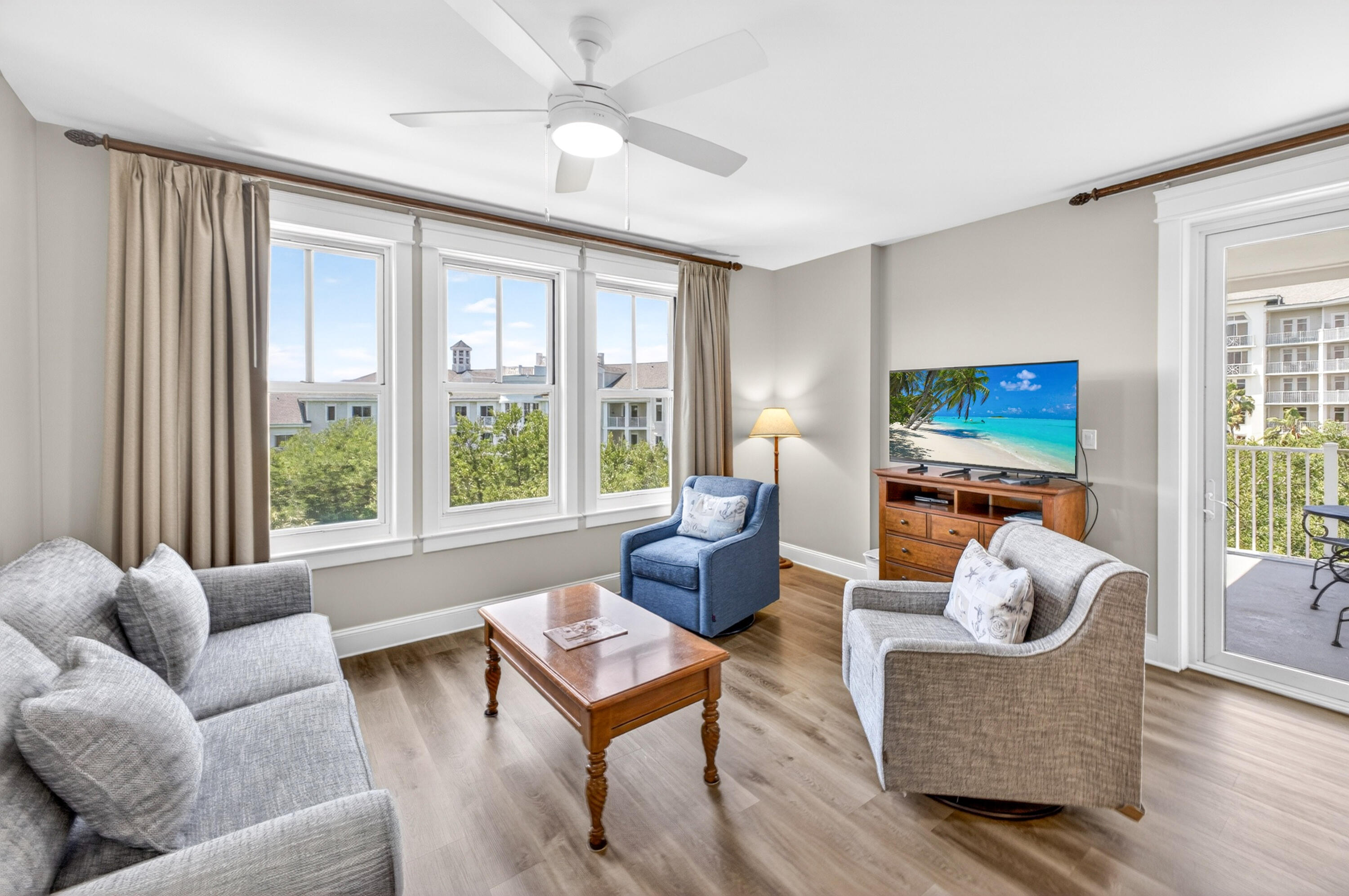 THIS BEAUTIFUL CORNER UNIT HAS BOTH BAY AND RESORT VIEWS! Elevate your lifestyle with a residence that beautifully blends comfort, style, and exclusivity. Freshly upgraded in May 2023, this stunning 5th-floor corner condo at The Grand Sandestin showcases an impressive collection of updates designed to impress, including LVP flooring, stainless steel appliances, elegant drapes, updated lighting, stylish wall art, and more--creating a refined coastal retreat with effortless appeal. Recent enhancements continue to elevate the space with new living room furnishings, including a stylish couch and chairs, a large-screen TV, updated fan/light kit, and new lighting above the bar area, adding both comfort and sophistication throughout.  Step onto the spacious covered balcony and take in the beautiful bay and resort views that truly set this condo apart.

Overlooking the lush tropical-style pool with sparkling water views beyond, this private outdoor retreat is the perfect place to enjoy your morning coffee or unwind in the evening as the sun sets over the bay.

Inside, the thoughtfully designed floorplan offers an expansive living and dining area ideal for entertaining or relaxing in comfort. The fully equipped kitchen is ready for everyday living or vacation stays, while the split-bedroom layout provides privacy for owners and guests alike. Important updates include an HVAC system replaced in 2021 and an electric water heater installed in 2018, offering added peace of mind.

Ownership at The Grand Sandestin means access to exceptional amenities and resort-style conveniences. Enjoy stately architecture, a fitness center, a large swimming pool, seasonal on-site check-in, concierge services, and valet parking.

Perfectly positioned next to Village of Baytowne Wharf, you are moments from an exciting mix of dining, shopping, entertainment, and year-round events in one of the area's most vibrant destinations.

This is more than a condo--it is a gateway to the elevated coastal lifestyle you deserve.

As an introduction to the Sandestin lifestyle, we invite our new owners to explore amenities that make Sandestin special. The listing brokerage and seller(s) are presenting the buyer(s) of this property with (2) 90-minute rounds of Tennis court time, a golf foursome at one of our three championship courses, and a round of golf for up to four (4) players at the unrivaled Burnt Pine Golf Club.

Sandestin Golf and Beach Resort features more than seven miles of beaches and pristine bay front, four championship golf courses, 15 world-class tennis courts, a 226-slip marina, a fitness center, spa and celebrity chef dining. Shop, dine and play at the charming pedestrian village, The Village of Baytowne Wharf and more. Inside the gates of the resort, residents enjoy a balanced lifestyle of high-class living, spanning the 2,400 acres from the beach to the bay. Everything within the gates of the resort is accessible by golf cart or bicycle. The entire resort is interconnected by miles of pedestrian, bike and golf cart paths that weave through groves of live oaks, meandering past natural lagoons, fountains, man-made lakes, and meticulously landscaped fairways.