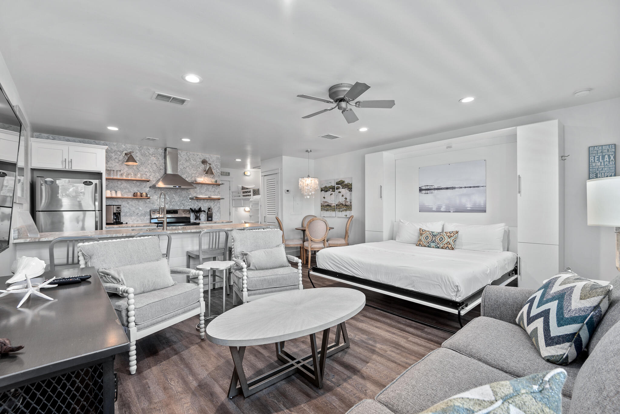 Welcome to Suite Y'all, an extraordinary value nestled in the heart of Seagrove Beach on Scenic Highway 30A in Hidden Beach Villas. Just moments from the pristine white sands and emerald waters of the Gulf of Mexico, this stunning studio condo offers the perfect blend of comfort, style, and convenience. This charming studio boasts designer coastal touches throughout with an open floor plan that maximizes space and light. The fully equipped kitchen features leathered quartzite countertops and stainless steel appliances, perfect for preparing delicious meals. Enjoy a spa-like experience in the luxurious bathroom with walk-in shower, complemented by high-end finishes.