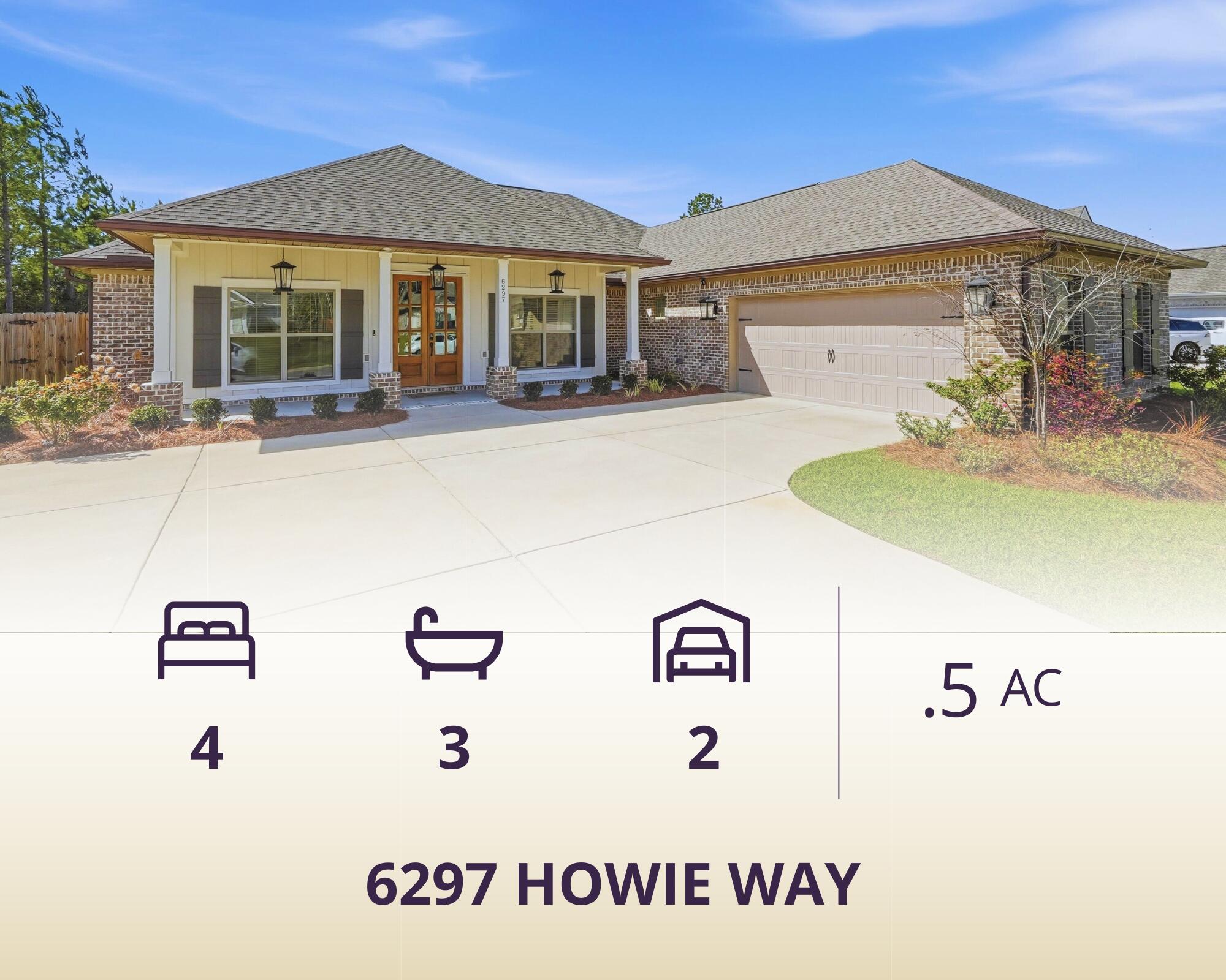 Nestled in Whitley Estates, a well maintained community in the heart of Pace, this home offers a low HOA and convenient access to beaches, shopping, dining, medical facilities, and NAS Whiting Field.

From the moment you step through the custom double mahogany front doors, it is clear that 6297 Howie Way is something special. Meticulously maintained and thoughtfully designed, this 2,540 sq ft, 4 bedroom, 3 bath home with a flex room blends elevated finishes with the warm, unhurried lifestyle that makes Pace one of Northwest Florida's most desirable communities.

The open floor plan feels expansive from the start, anchored by 10 foot ceilings in the living and dining areas and continuous EVP flooring that flows seamlessly through the main living spaces and primary suite. Smooth textured walls, custom window and door casings, two piece and crown molding add architectural character well beyond builder grade. A 42-inch gas fireplace serves as a warm, inviting focal point, while the open-concept living areas keep the cook connected and part of the conversation.

The kitchen is equally suited for everyday living and entertaining. It features Samsung appliances, including a split gas cooktop, Energy Star dishwasher, built in microwave, and wall oven for true double oven convenience. A spacious walk in pantry offers abundant storage, while soft close cabinetry, granite countertops, under cabinet lighting, and a subway tile backsplash bring both style and function together. The oversized island with quartz countertops is perfect for gatherings, and a cozy breakfast nook completes the space.

The primary suite is a true retreat, highlighted by tray ceilings in both the bedroom and en suite bath. The bathroom features a large tiled shower with frameless glass, a separate soaking tub with tiled surround, and dual vanities, each paired with its own walk in closet, creating a space designed for both comfort and ease.

A split floor plan places the secondary bedrooms away from the primary suite, offering privacy for guests, family, or a dedicated home office. Everyday functionality continues with a built in mud bench off the garage entry and a laundry room with utility sink.

Situated on a generous half acre lot, the outdoor space is just as impressive. A screened back porch with a beautifully stained V groove pine ceiling, echoed on the front porch, creates the perfect place to relax. The fully privacy fenced backyard offers endless possibilities, whether you envision a pool, garden, or play space. Additional exterior features include LED recessed lighting in the front eaves, custom shutters, Low E windows for energy efficiency, irrigation system, ridge vents, and a hip roof.

Meticulously maintained and loaded with signature level upgrades, 6297 Howie Way is a rare opportunity to own a truly elevated home in one of Pace's most sought after communities.

Schedule your private showing today.