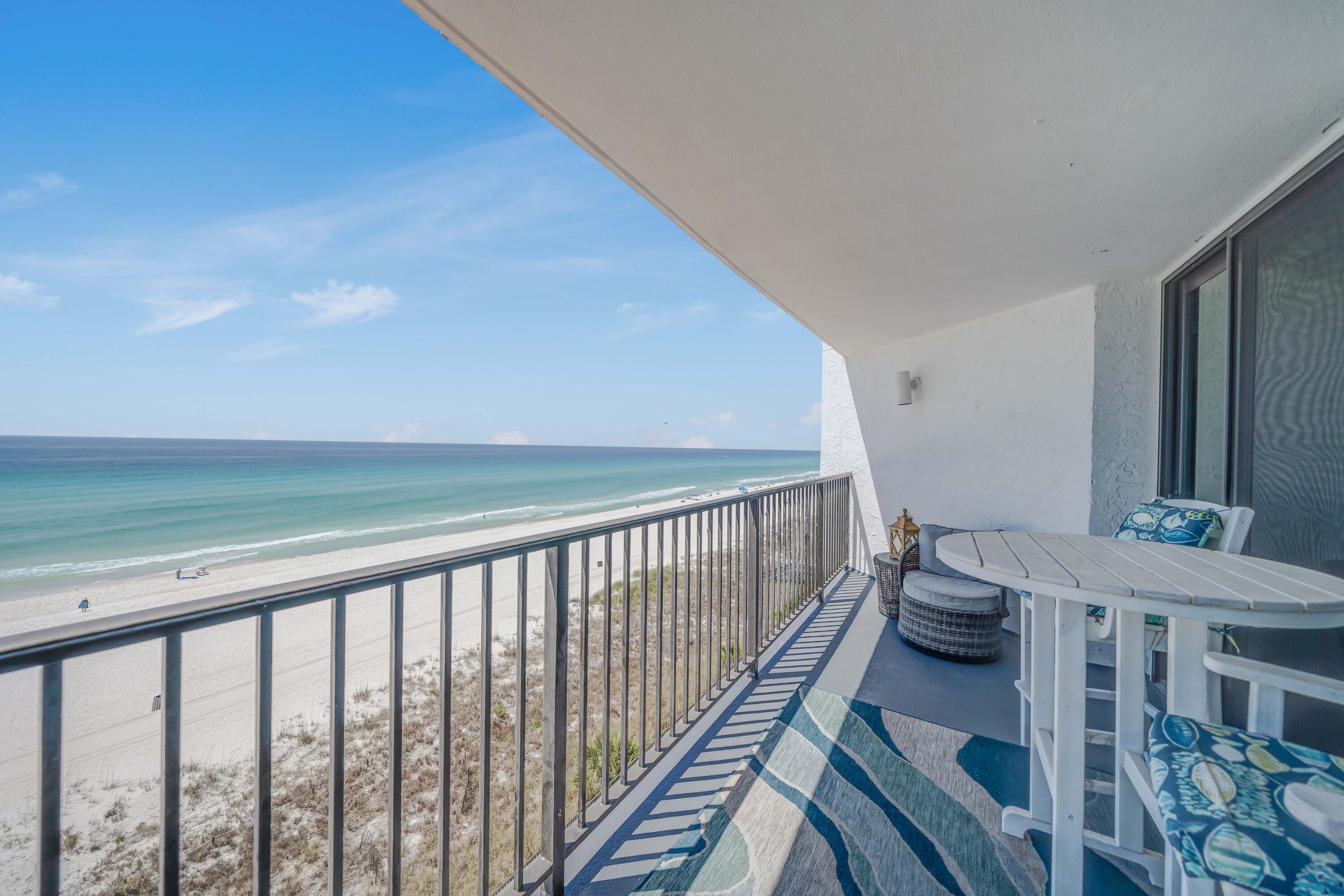Wow - JUST LIKE NEW! Come see this gorgeous updated 3 bedroom coastal condo with amazing gulf views in Panama City Beach! This condo is located in the highly desirable 6th floor and west building in Aquavista Condos. Open the door and fall in love with the spacious open floor plan, and wall to wall windows with one of the best views in all of Panama City Beach! Seller has just replaced all of the slider doors and windows with impact glass. Upgrades include ship lap walls and ceilings, vinyl plank flooring, new furniture inside and out, leathered granite countertops in the kitchen, newer appliances, beautiful backsplash, 2 new walk-in showers, marble and quartz countertops in bathrooms and more! Aquavista Condos is a gated community with convenient covered parking under the building, gulf front pool, hot tub and a fabulous owners lounge. This low-density condo complex features 4 elevators so no waiting for elevators. You also have a huge stretch of white sand to spread out and relax on your deeded beach - you never have to worry about where to put your chair at the beach at Aquavista! This community is ideally located near to Pier Park, and the west end and close to popular Inlet Beach and 30A. Call today to make this your next full-time home, second home or vacation rental!