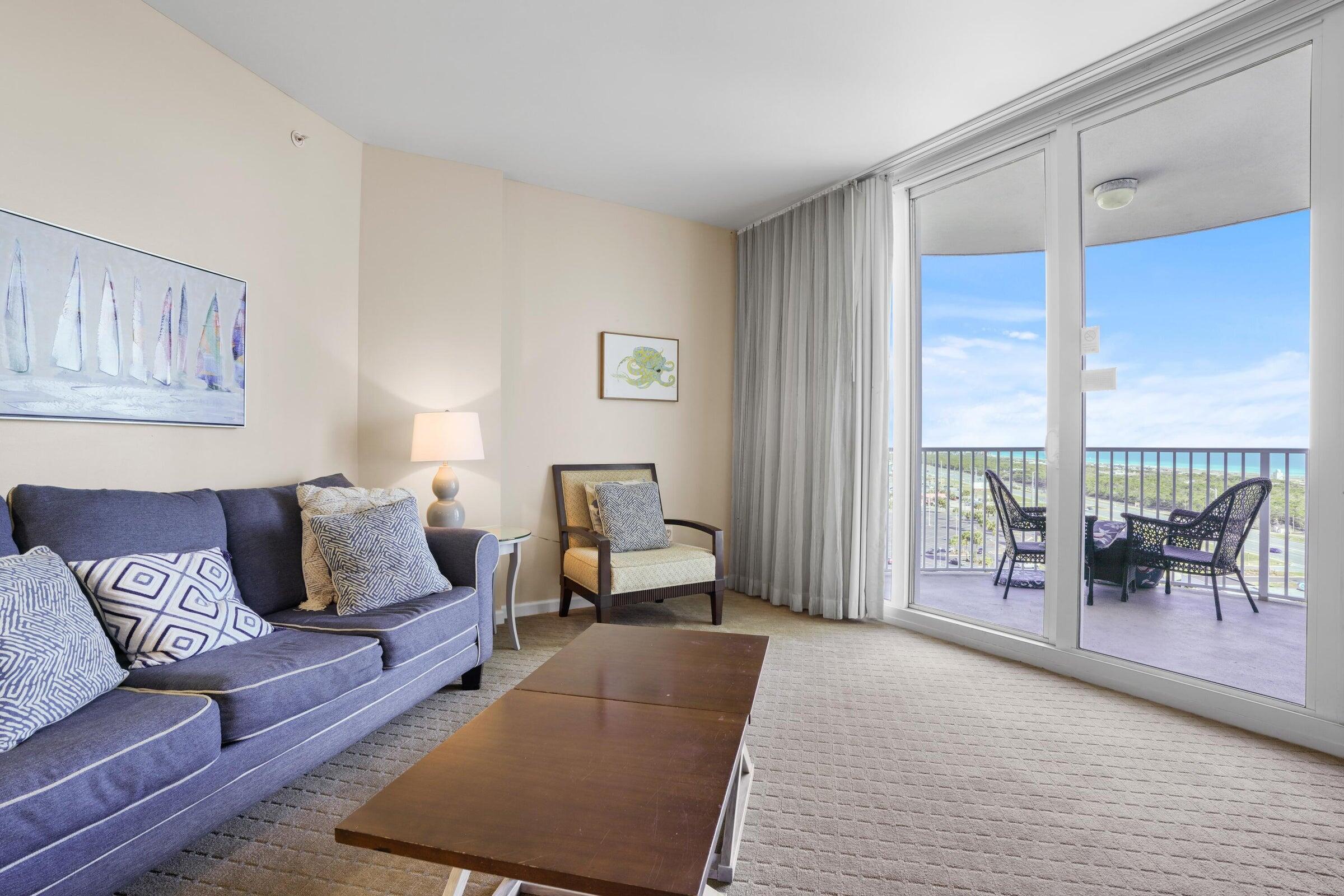 *SELLER IS MOTIVATED, BRING US AN OFFER* This 12th-floor end unit at The Palms of Destin offers stunning Gulf and Bay views! Updated with built-in bunks and a barn door, the unit comes fully furnished and turn-key ready. Amenities include a large lagoon pool, children's pool, tennis and basketball courts, fitness center, seasonal beach shuttle, and covered parking. On-site are also a conference center and reception desk. Association fees cover all utilities (electricity, water, cable, internet, trash). Buyer to verify all information.