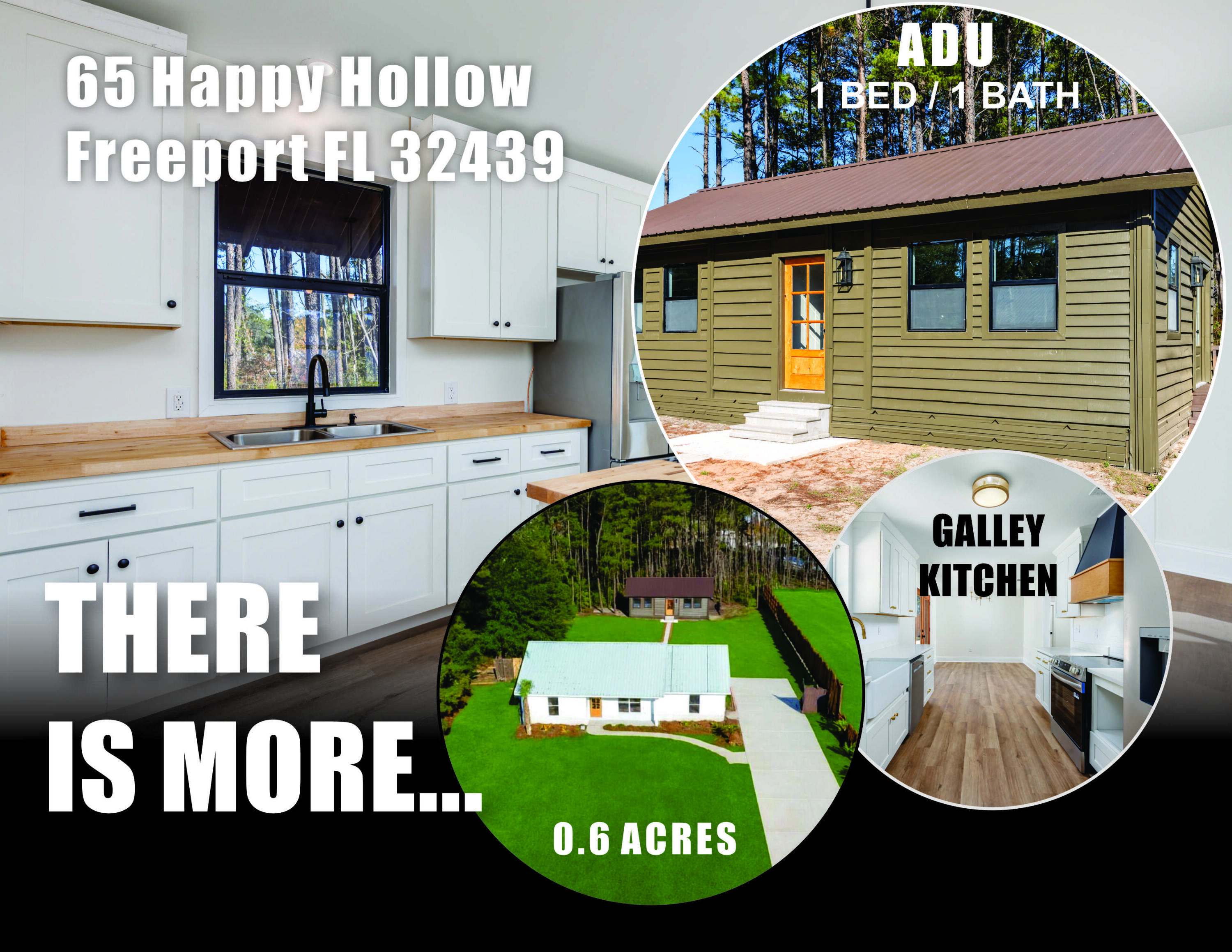 Sellers will provide buyers a significant savings on 'As Is' Cash offer with a quick 20 Day closing!!

JUST $459,900! Discover a rare opportunity for multi-generational living, income potential, or simply the luxury of extra space at 65 Happy Hollow, a beautifully remodeled property offering exceptional versatility on a peaceful 0.57-acre lot in Freeport. The main home features 3 bedrooms and 2 baths, approximately 1,500 sq ft, thoughtfully redesigned with modern finishes, an open layout, and careful attention to detail. 

Just behind the main residence sits an Accessory Dwelling Unit, approximately 700 sq ft, offering 1 bedroom, 1 bath, a full kitchen, and its own living room, ideal for extended family, guests, or flexible living arrangements. Renovation construction is nearly complete.  

Inside the main home, you are welcomed by a bright, expansive living area featuring vaulted ceilings with exposed beams, recessed lighting, and a white wood-paneled ceiling that enhances the coastal-inspired charm. Large windows fill the home with natural light, while a modern electric fireplace adds warmth and character.

The beautifully updated galley-style kitchen is a chef's delight, offering white cabinetry, quartz countertops, stainless-steel appliances, a farmhouse sink, brass fixtures, and a clean, timeless design. Hardwood flooring flows seamlessly throughout the home, creating a unified and elegant living space. Bedrooms are generously sized with large windows overlooking the natural surroundings. Bathrooms showcase standout design details, including a walk-in shower with iridescent teal tile and gold fixtures, plus another bath featuring stylish star-pattern flooring. With five total closets and a well-designed hallway layout, storage and functionality are abundant.

Situated on a spacious 0.57-acre lot, the property includes a paved driveway with ample parking and partial fencing for added privacy. Outdoors, the spacious lot provides room to relax, entertain, and enjoy the natural beauty of Happy Hollow, with open green space and room to breathe.

The private community dedicated boat launch allows you to enjoy the beauty of nature on Black Creek, which leads to the Choctawhatchee Bay by boat, kayak, or paddleboard. Fishing, swimming, and watersports are all at your disposal with this nearby boat launch.

Located just 2.4 miles from Hwy 331, minutes from downtown Freeport, and close to upcoming developments including the new Freeport Walmart, hotels near Bear Creek, and indoor pickle-ball courts, this area is positioned for continued growth and appreciation. Under 10 miles to Hwy 98, this location offers easy access to shopping, dining, schools, and the beaches beyond the 331 bridge, while still maintaining the peaceful charm Freeport is known for.

With its new price of $459,900, built-in rental income potential, and rare dual-living flexibility, 65 Happy Hollow is a standout opportunity for homeowners and investors alike.

Note:
Grass in the first photo is AI-generated to provide a visual representation of how the property could look once fully seeded with grass.