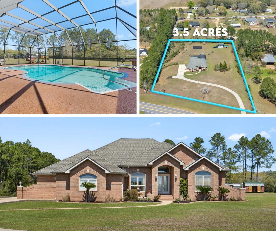 One-of-a-kind estate home on 3.5 acres, elevated high on a hill and overlooking Quintette Rd! Ideally located w/convenient access to Naval Air Station Whiting Field, Pensacola International Airport, Blackwater River State Forest, and the area's newest Publix and Walmart.This commanding property offers something for everyone, with the true showpiece being the massive 2,000+ sq ft fully enclosed saltwater pool area, complete with slip-resistant soft rock surfacing. Designed for entertaining, this space features 4 sliding glass door access points, an outdoor kitchen, multiple seating areas, outdoor shower, and serene views of the expansive backyard. The grounds are equally impressive, offering producing fruit trees (with dedicated irrigation zones), raised garden beds, a storage shed with additional covered parking. The property is fenced on 3 sides and additionally has an invisible fence system that can easily be reactivated for pet owners. The parcel is complemented by a natural buffer for added privacy. Energy efficiency meets peace of mind with a ground-mounted solar array that conveys at no cost to the buyer--strategically positioned for optimal sun exposure with zero roof impact. A whole-house Generac generator with dedicated circuit breaker is also included, providing reliable backup power during storm season. Inside, the home was thoughtfully designed by its original owner (a local custom builder) who created this residence as his personal retreat. The floor plan flows effortlessly for both everyday living and entertaining, offering two spacious living areas, 3 bedrooms with large office space, and 3 full bathrooms, and 1 1/2 bath. Built with 2x6 exterior walls and soaring ceiling heights ranging from 10 to 14 feet, the home lives even larger than its already generous 3,200+ square feet. At the heart of the home, the chef's kitchen features professionally epoxied countertops, real wood cabinetry, a walk-in pantry, double ovens, beverage refrigerator, prep sink, and gas cooktop-all perfectly positioned to connect with the main living spaces. The oversized primary suite is a true retreat, complete with a private sitting area overlooking the backyard oasis. With countless upgrades and thoughtful details throughout, this is a property you truly need to experience in person. Private showings only to pre-approved Buyers. Schedule your private tour today.