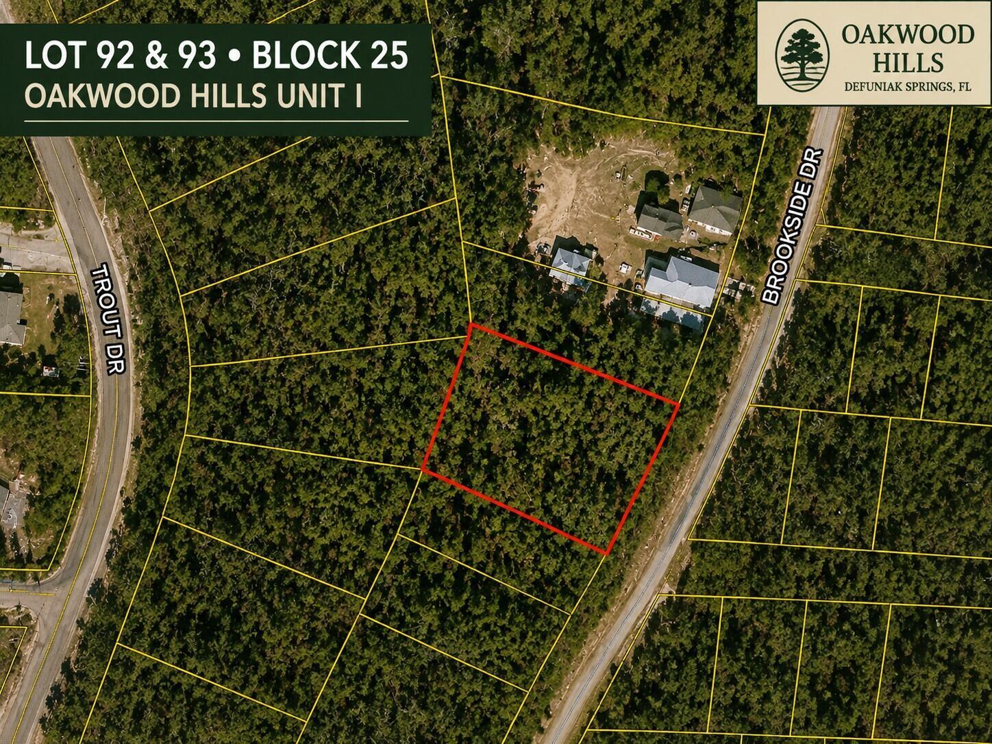 Explore the possibilities on Brookside Drive in the Oakwood Hills area of DeFuniak Springs! These vacant lots offer an affordable opportunity for future use, whether you are considering a smaller home, traditional residence, or manufactured/mobile home, subject to county requirements and approvals.

Historic downtown DeFuniak Springs is approximately 9 miles away and offers the beauty of Lake DeFuniak, an approximately 1.2-mile paved walking trail, a pier, amphitheater, local dining, and the Walton County Heritage Museum. Piggly Wiggly, Emerald Coast Technical College, Northwest Florida State College's Chautauqua Center, and a 24-hour Casey's are just minutes away. Starbucks, Walmart Supercenter, and HCA Florida Twin Cities Hospital are approximately 10 minutes away, giving you access to everyday conveniences while enjoying the appeal of small-town living. Buyer to verify all measurements, boundaries, legal access, zoning, utilities, septic requirements, permitting, manufactured/mobile home eligibility, and site suitability. Electric service provider confirmed as CHELCO. Buyer to verify connection requirements and costs for the specific lot. Water service confirmed as Mossy Head Water Works.