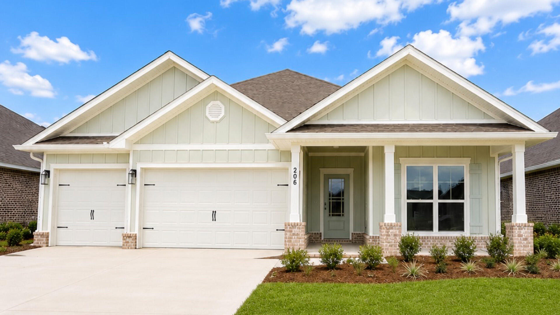 Welcome to 206 Farm Owl Drive, a new move in ready home at Owl's Head Farms in Freeport Florida. As you enter this floorplan, you are immediately drawn into the expansive great room, where the open concept design showcases 9' ceilings with additional tray ceilings in the open living room.  As you enter the open living space there is an appointed dining room allows for a formal dining option. The kitchen is designed with an open concept and features elegant quartz countertops with white cabinetry to complement. A tile backsplash finishes out this space along with matte black plumbing fixtures.