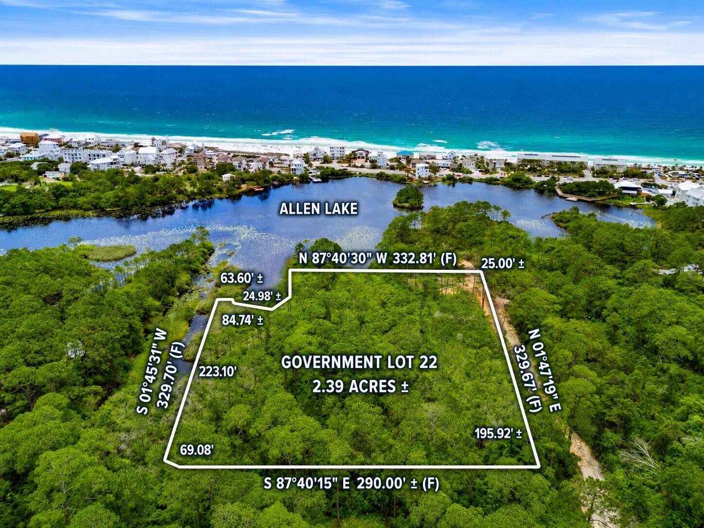 Rarely does an opportunity arise along Scenic 30A that offers acreage, Allen Lake frontage, beautiful Gulf views from future upper levels, and nearby public beach access in one extraordinary setting. Spanning approximately 2.39 acres in Dune Allen Beach, this exceptional parcel presents a compelling blend of privacy, scale, and long-term potential within one of South Walton's most naturally beautiful coastal enclaves.

Zoned Neighborhood Infill, the property offers meaningful development flexibility for a thoughtfully designed residential vision. Whether imagined as a refined private compound, a distinctive waterfront residential concept, or a legacy holding along Allen Lake, the opportunity is both rare and increasingly difficult to replicate along 30A.

What sets this offering apart is the atmosphere. Mature vegetation and the lakefront setting create a sense of quiet seclusion that feels worlds away from the busier stretches of the corridor, while nearby public beach access offers convenient access to the Gulf's sugar-white sand and emerald waters. The result is a property that offers both serenity and convenience, with the beach, the lake, and the wider 30A lifestyle all within easy reach.

Allen Lake is one of Walton County's rare coastal dune lakes, prized for its calm water, striking reflections, and natural beauty. On still mornings, the lake becomes mirror-like, creating an extraordinary backdrop for future architecture designed to capture light, water, and sky. Few offerings combine this level of privacy, natural presence, beautiful Gulf views from future upper levels, and proximity to the beach in such a coveted west-end 30A location.

**Buyer is responsible for verifying all information to their satisfaction.**